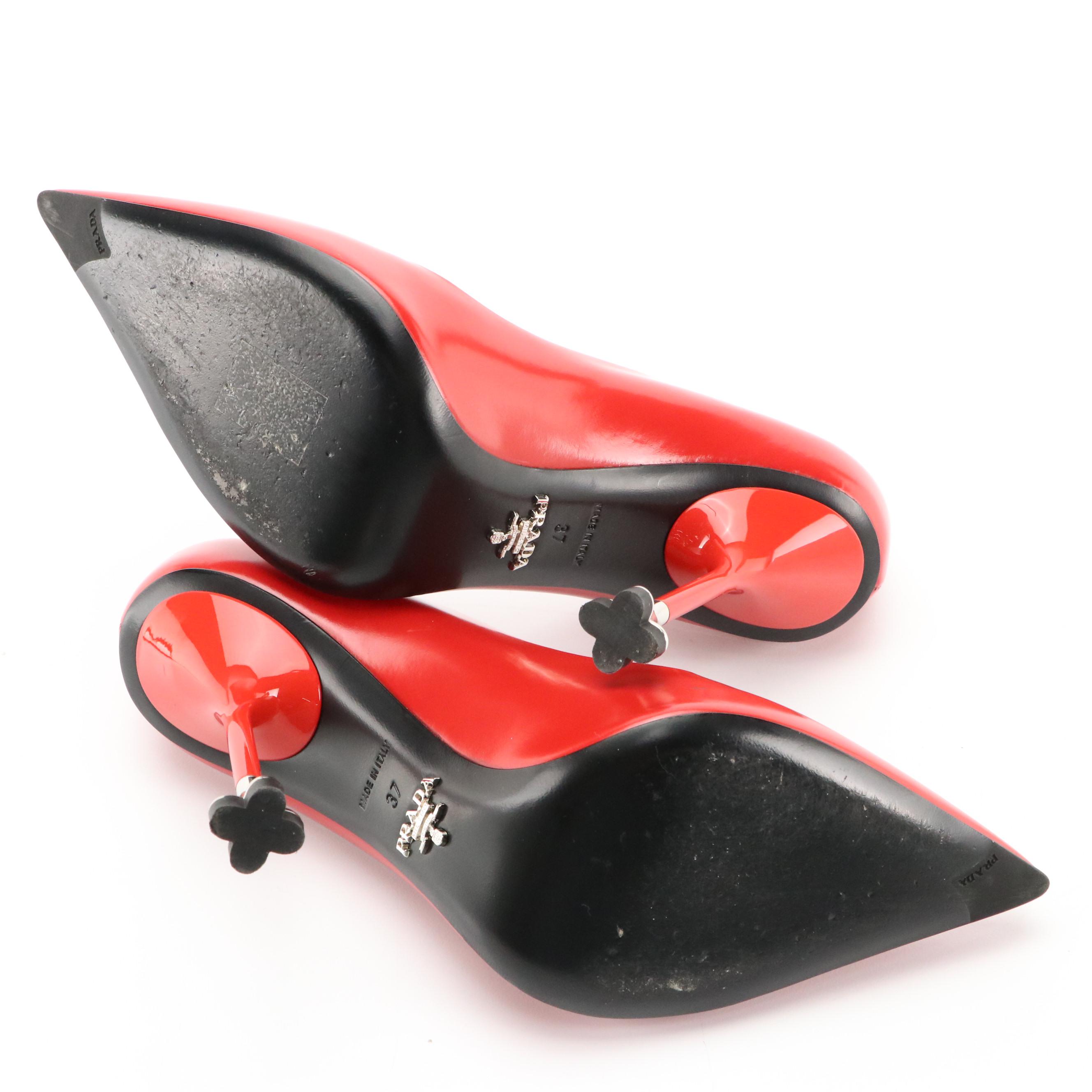 Prada Red Leather Pointed-Toe Flower Heel Cap Pumps