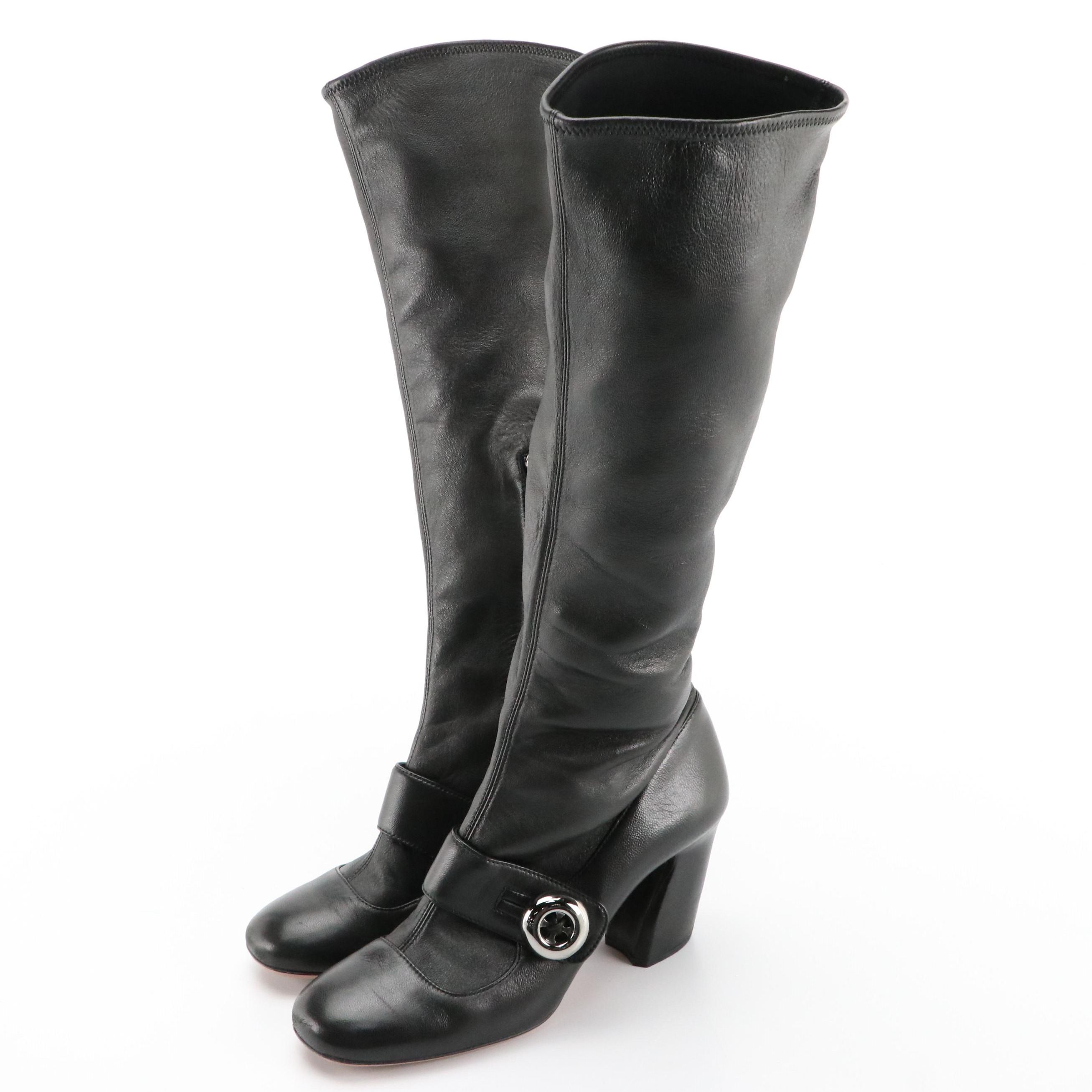 Prada Black Lambskin Leather Mary-Jane Button Buckle Knee High Boots