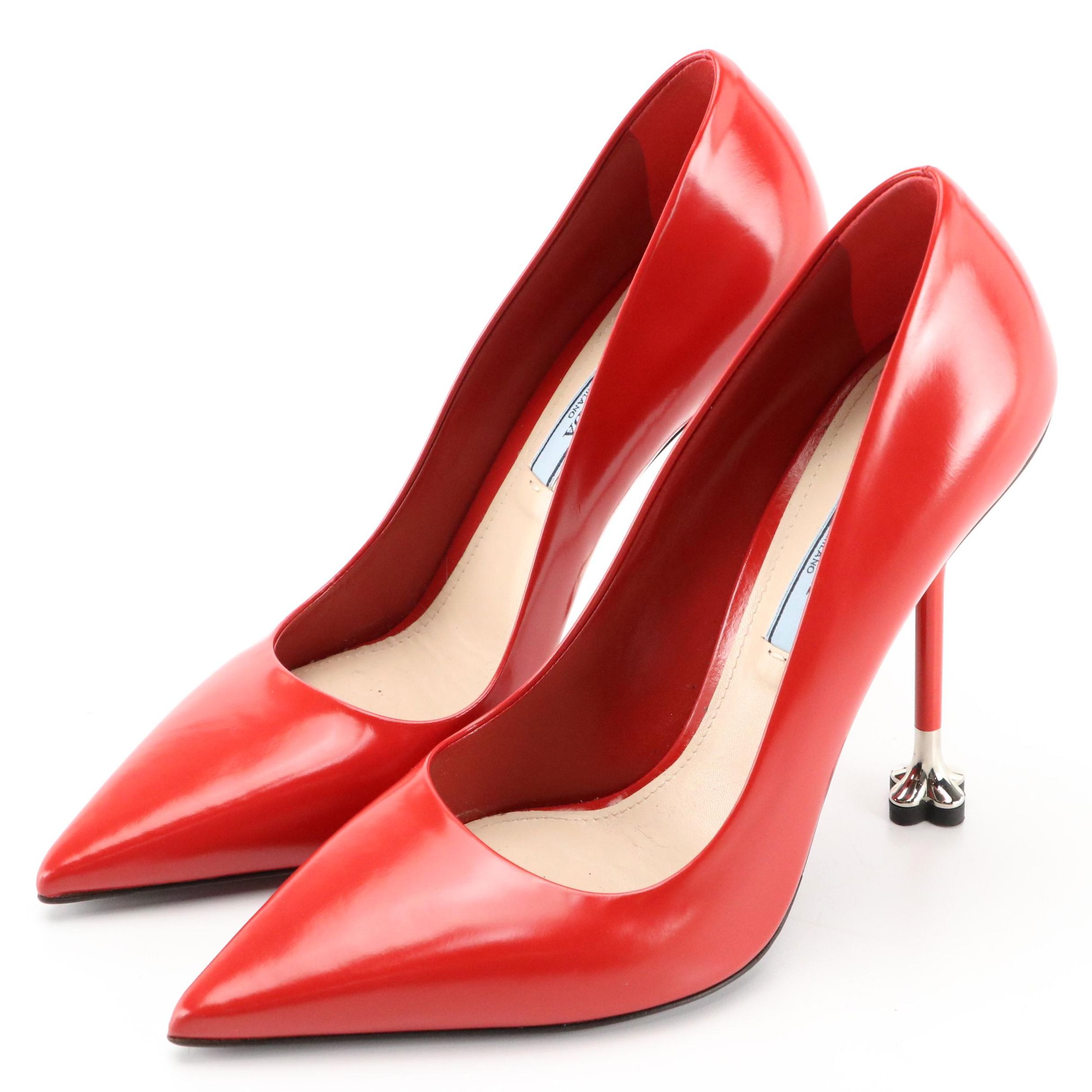 Prada Red Leather Pointed-Toe Flower Heel Cap Pumps