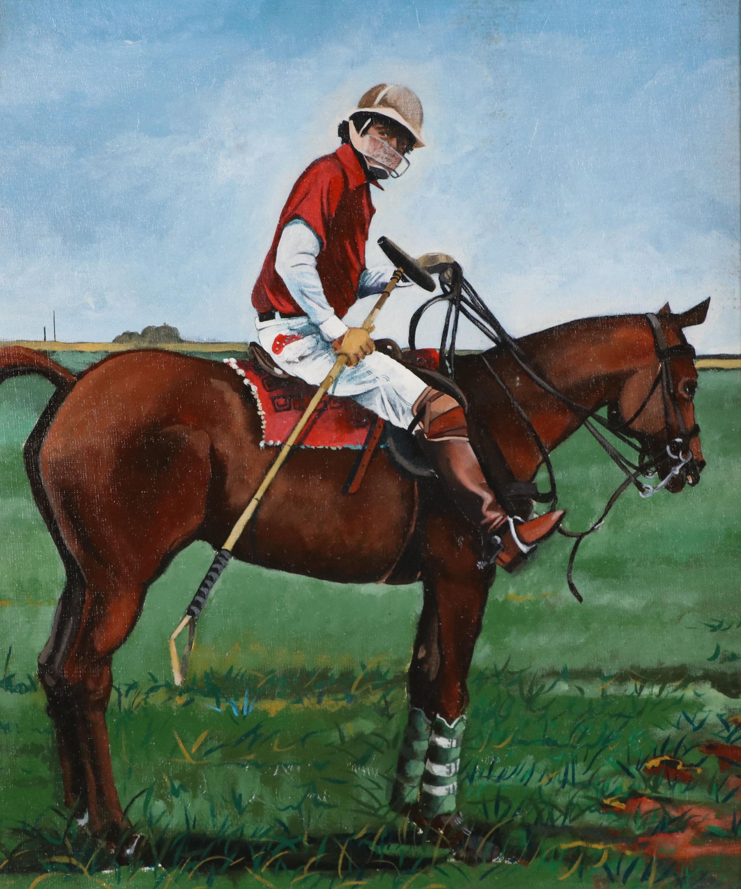 Oil Painting of Polo Player on Horseback, Mid-20th Century