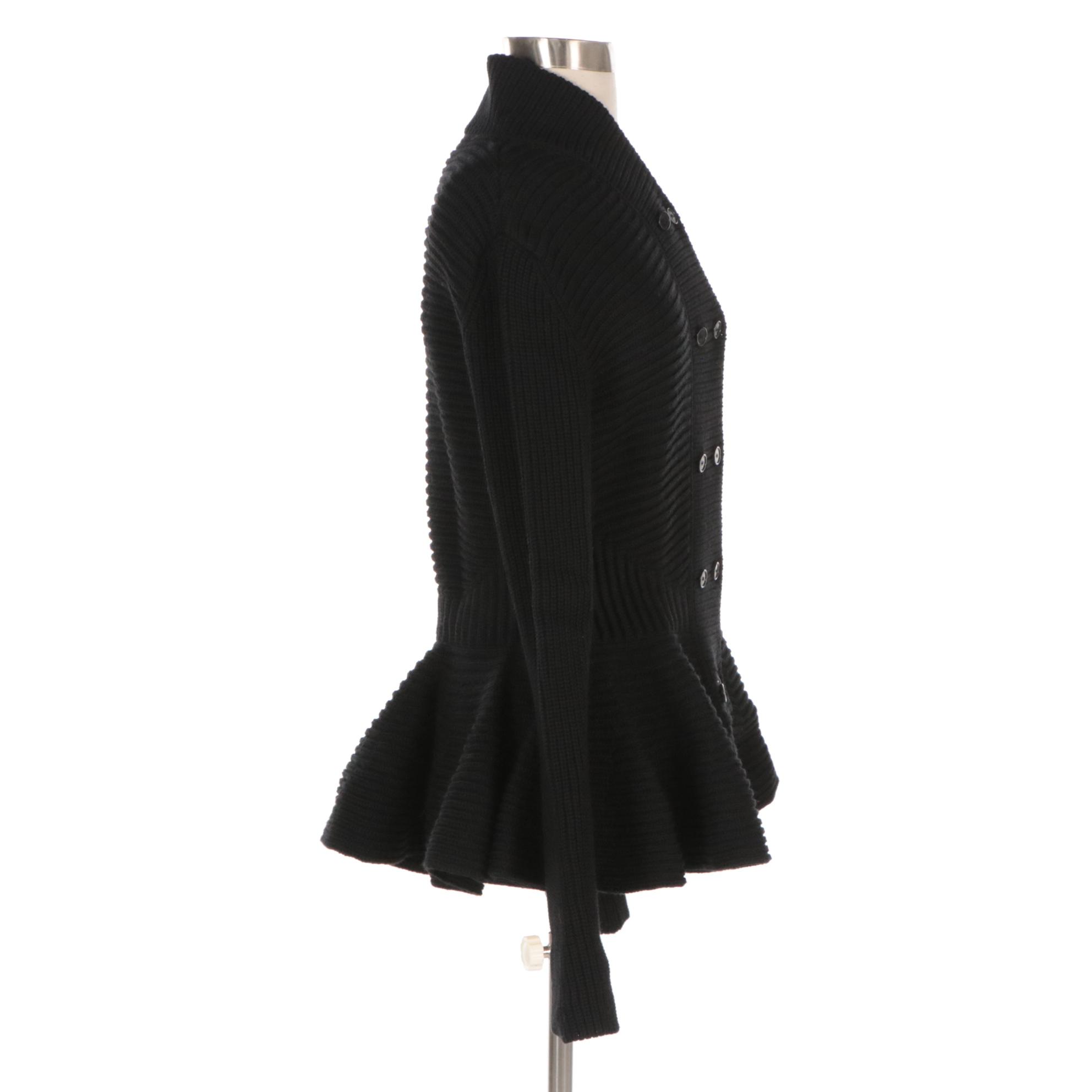 Alexander McQueen Black Chunky Knit Wool Peplum Hem Flared Sleeve Cardigan