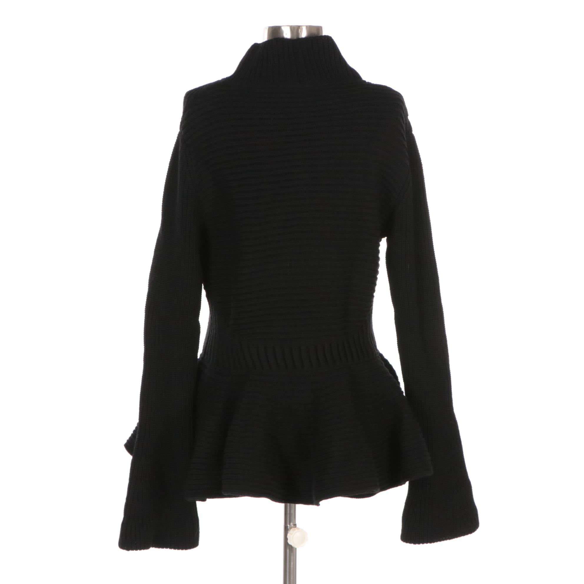 Alexander McQueen Black Chunky Knit Wool Peplum Hem Flared Sleeve Cardigan