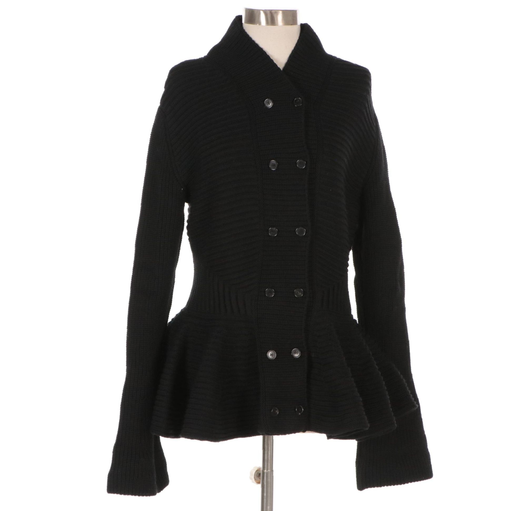 Alexander McQueen Black Chunky Knit Wool Peplum Hem Flared Sleeve Cardigan