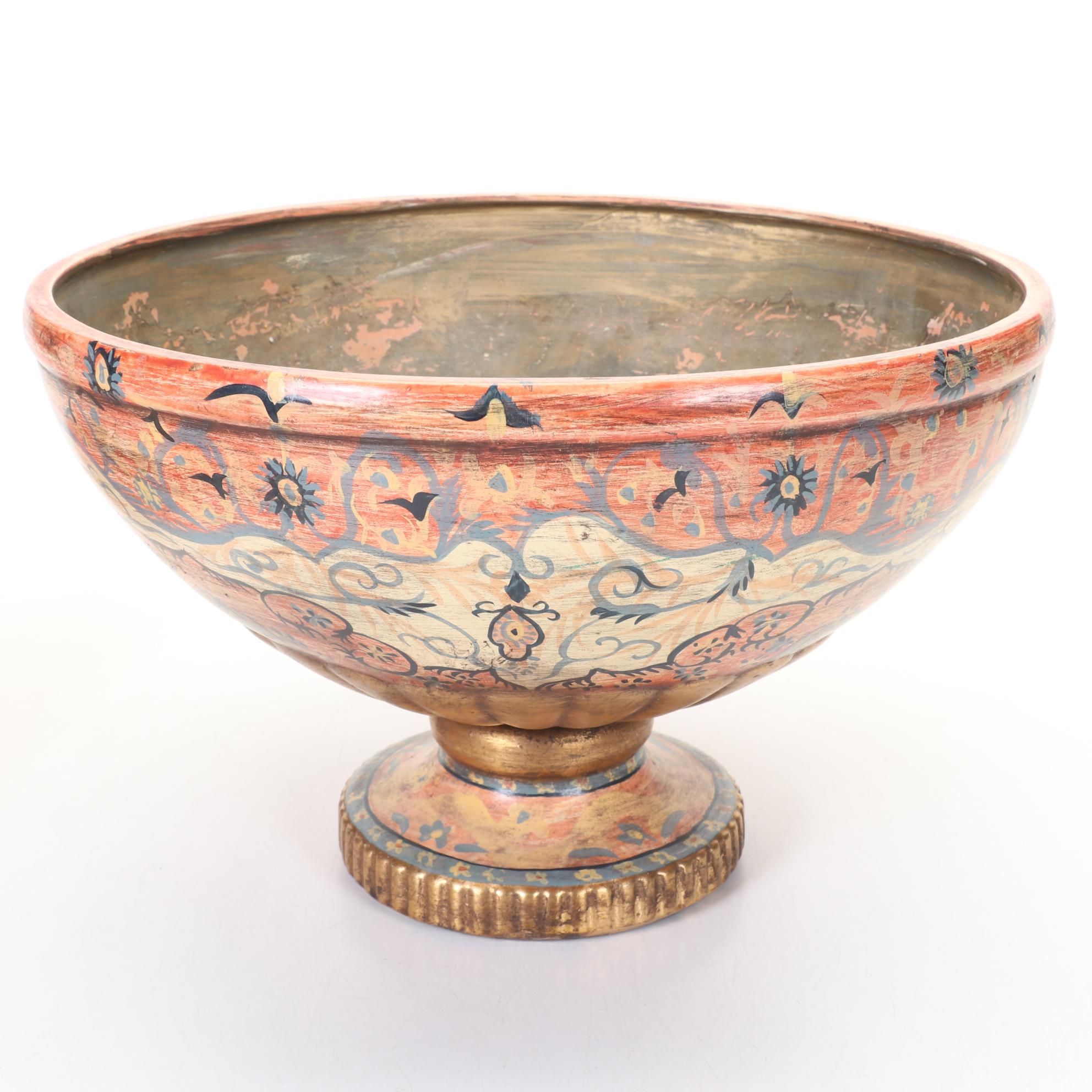 Painted Terracotta Footed Bowl with Decorative Red and Gold Tone Balls