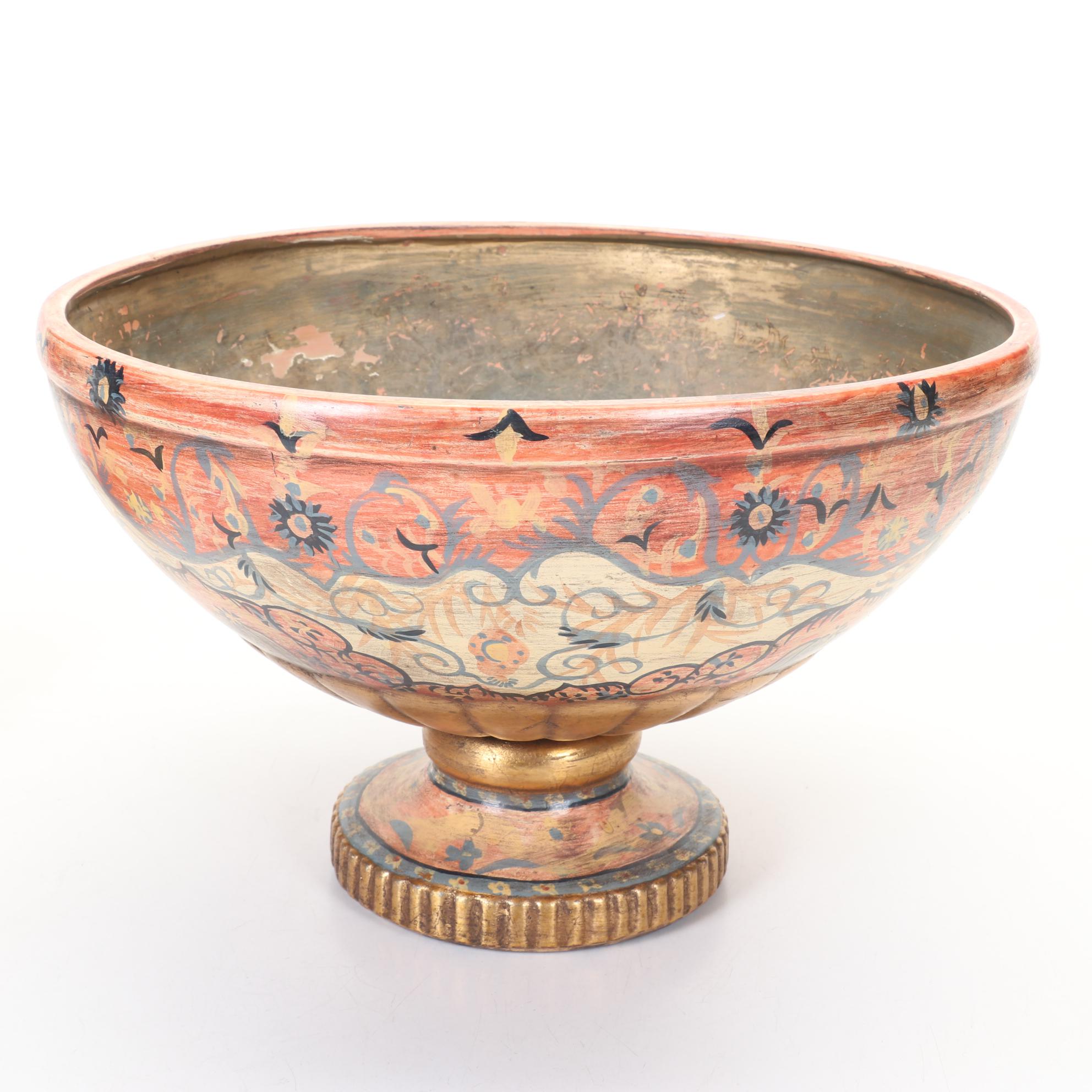 Painted Terracotta Footed Bowl with Decorative Red and Gold Tone Balls