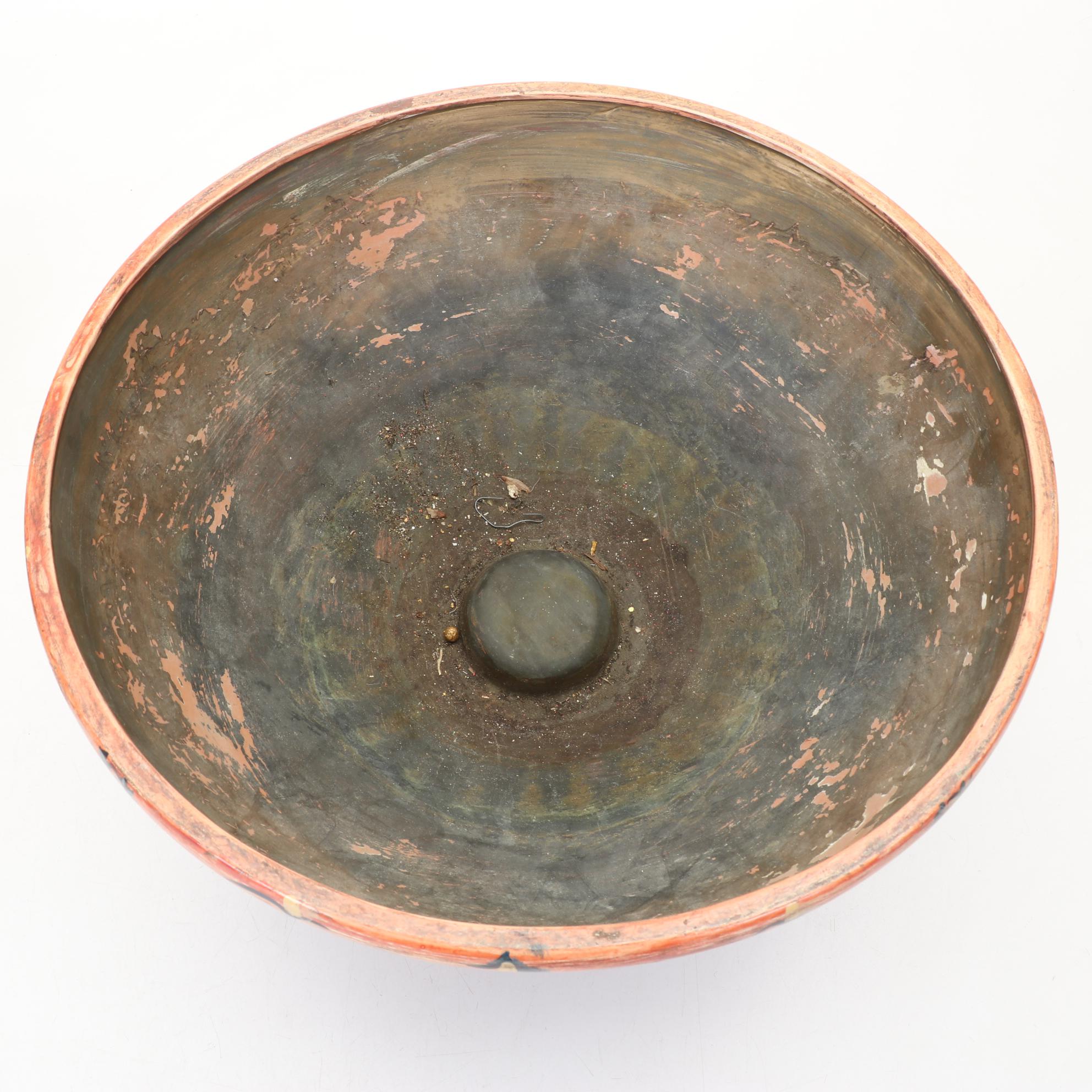 Painted Terracotta Footed Bowl with Decorative Red and Gold Tone Balls