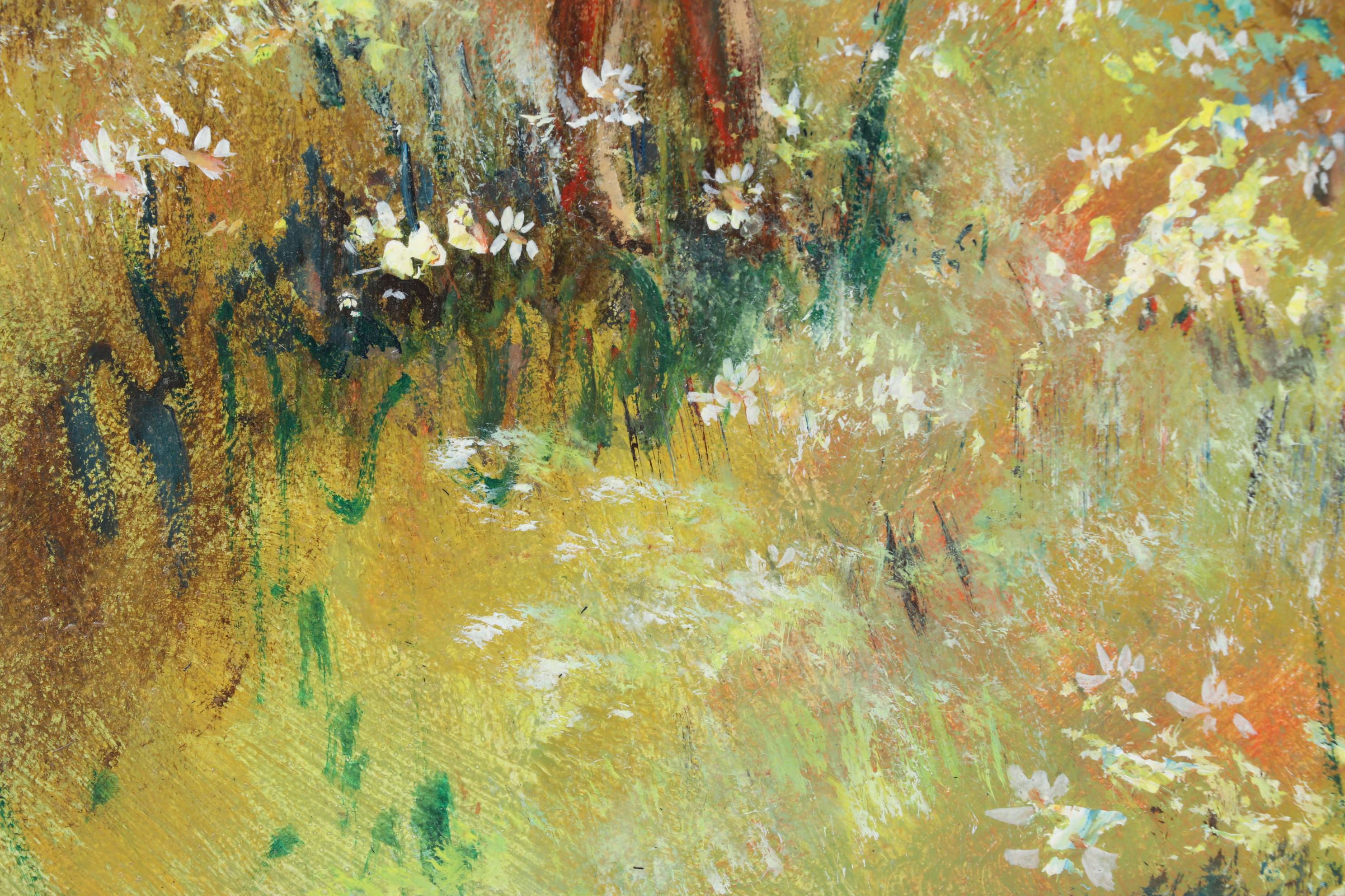 M. J. Hopkins Oil Painting Of Child In Flower Field, Mid to Late 20th Century