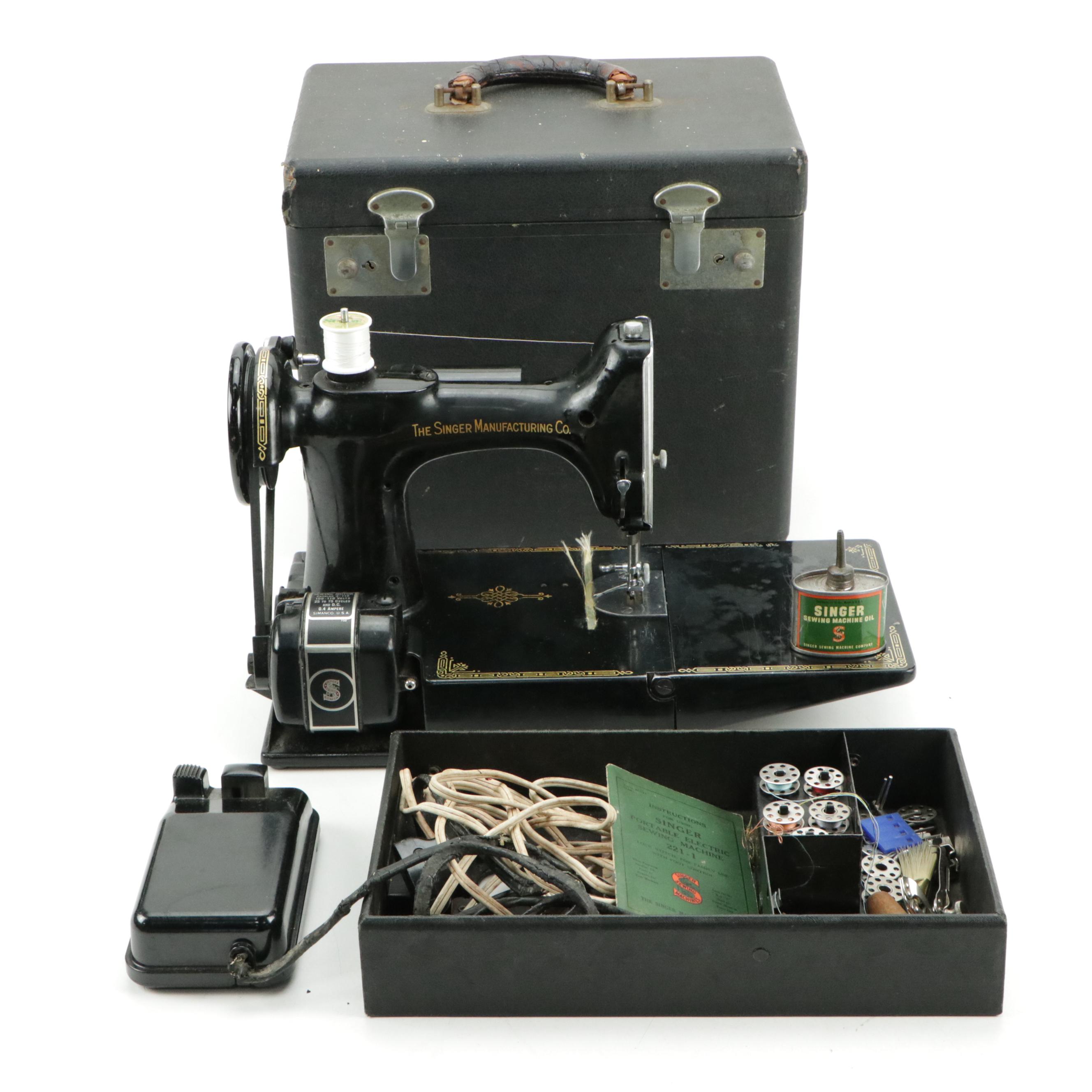 Singer Model 221 Featherweight Sewing Machine With Case, Pedal, and More, 1947