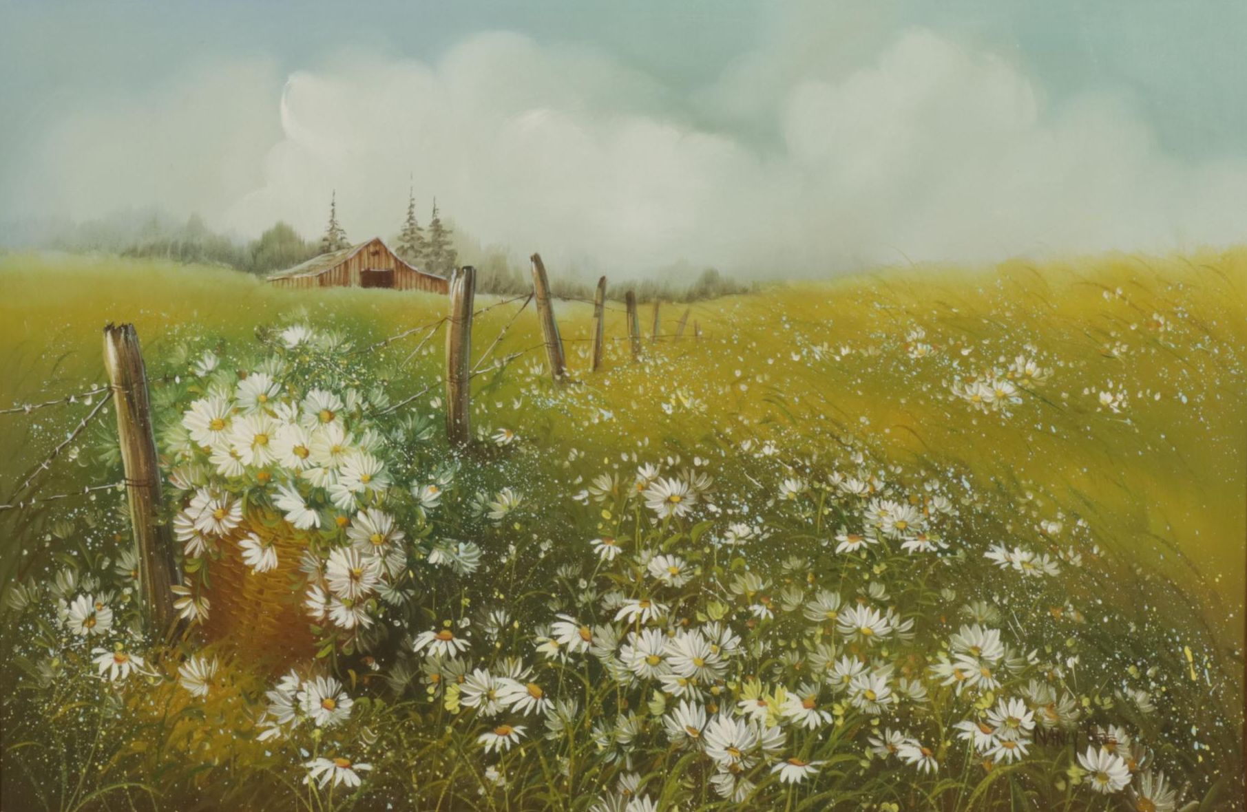 Nancy Lee Oil Painting of Rural Landscape with Daisies, 1970s
