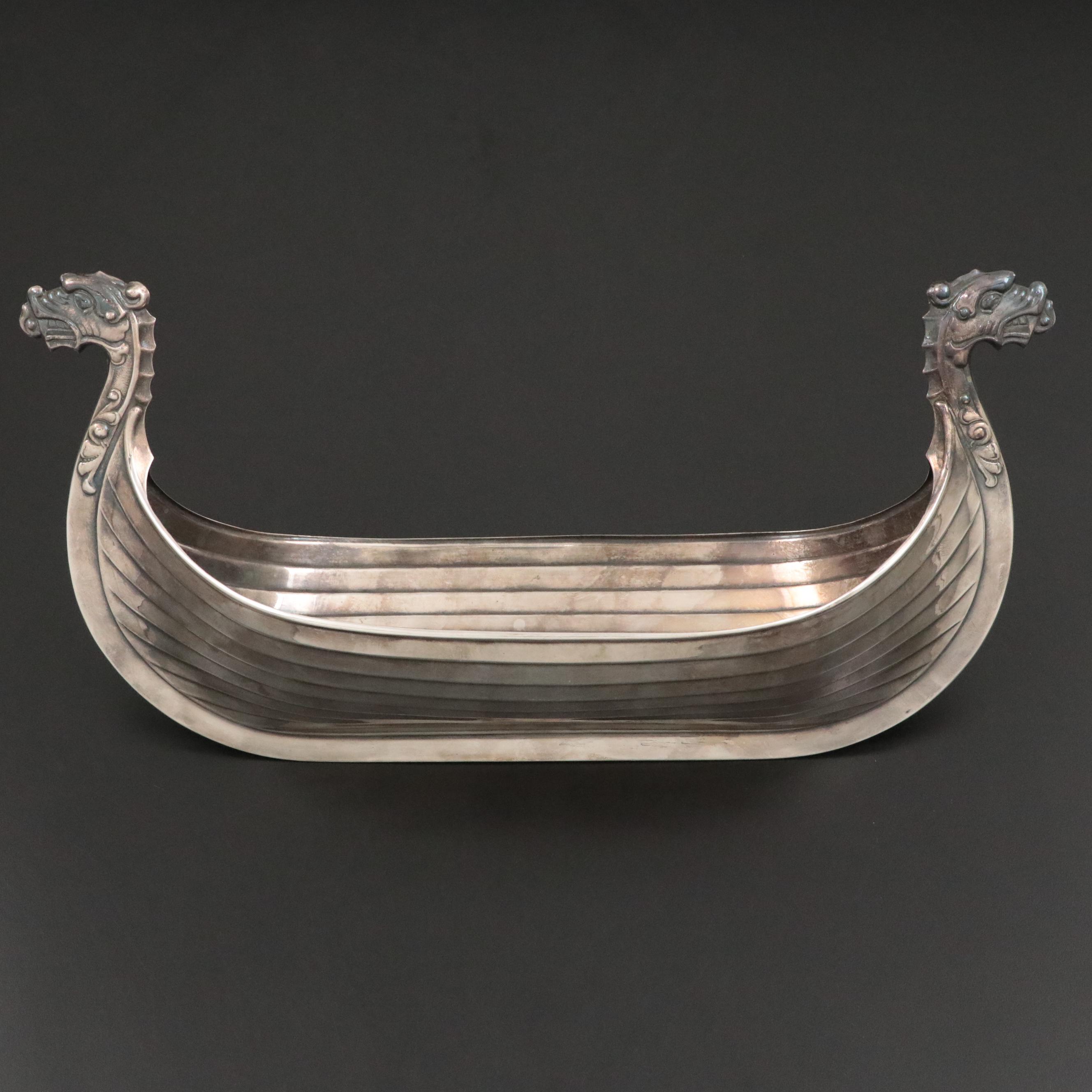 Magnus Aase Norwegian Silver Plate Viking Boat Centerpiece