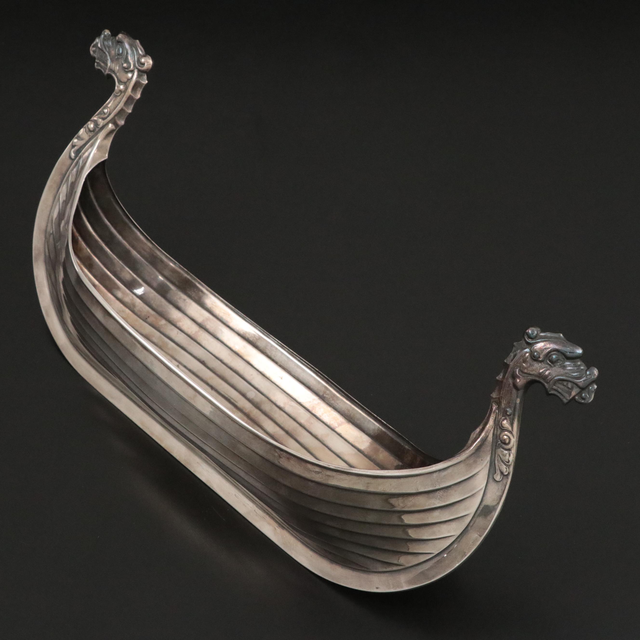 Magnus Aase Norwegian Silver Plate Viking Boat Centerpiece
