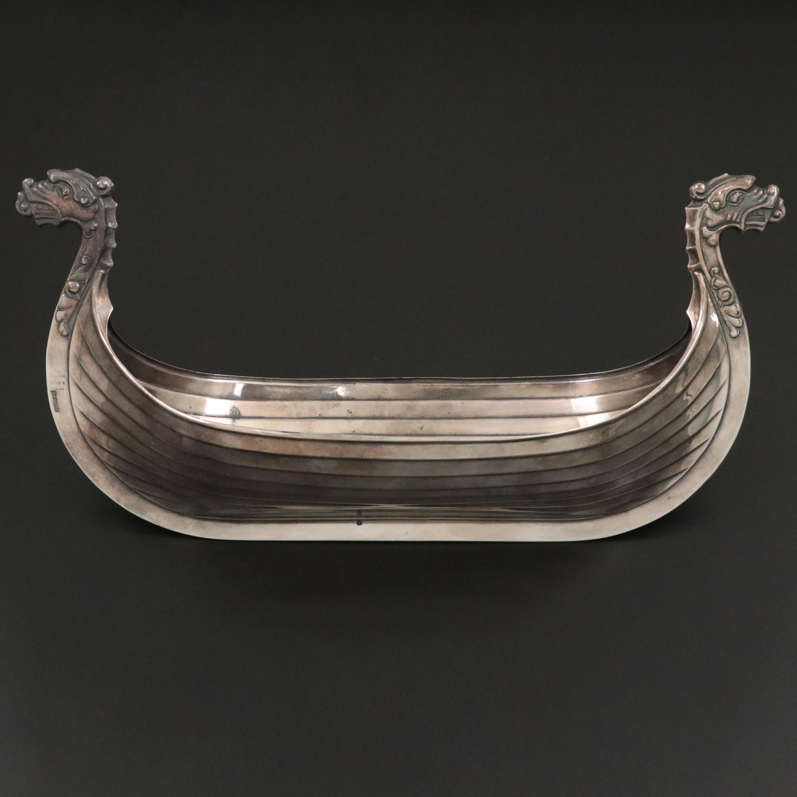 Magnus Aase Norwegian Silver Plate Viking Boat Centerpiece