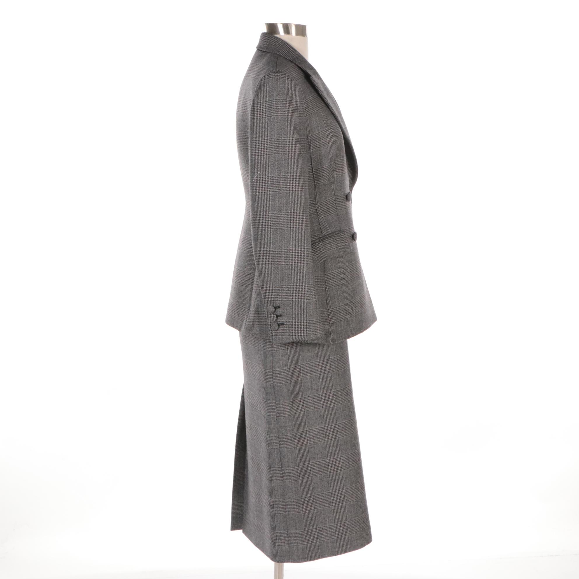 Prada Virgin Wool Double-Breasted Skirt Suit in Prince of Wales Plaid