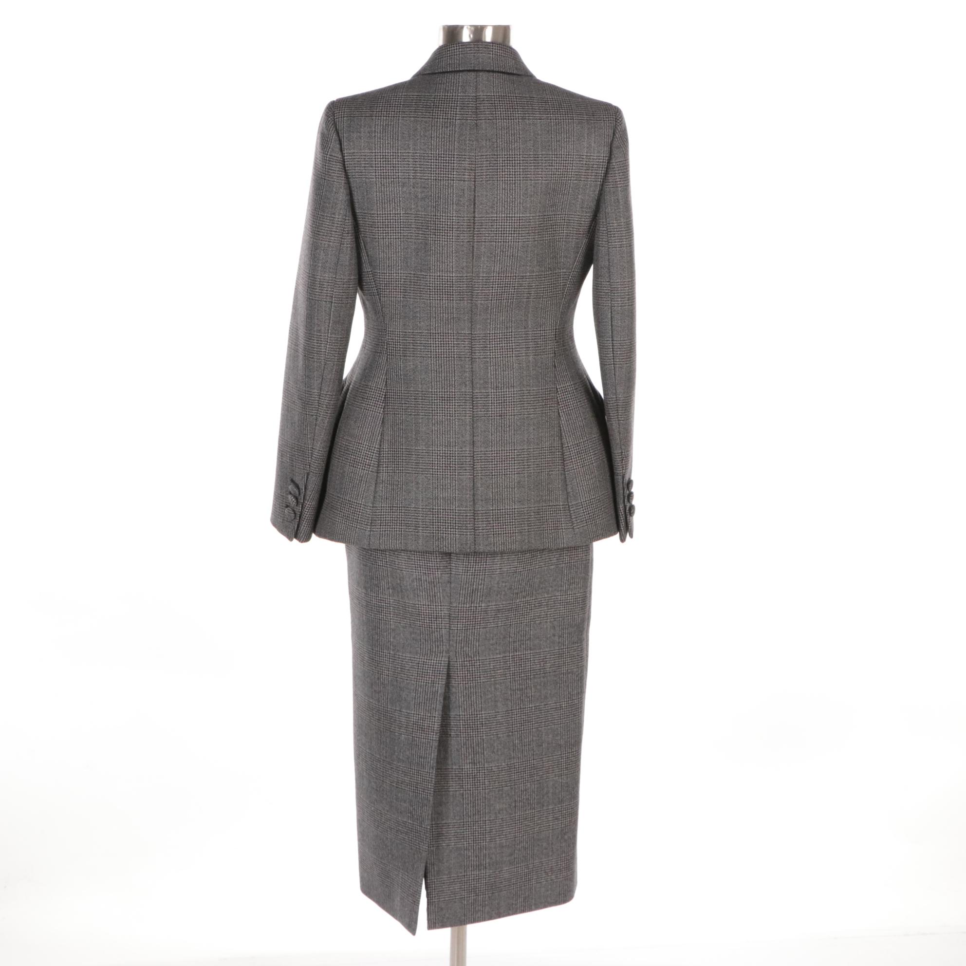 Prada Virgin Wool Double-Breasted Skirt Suit in Prince of Wales Plaid