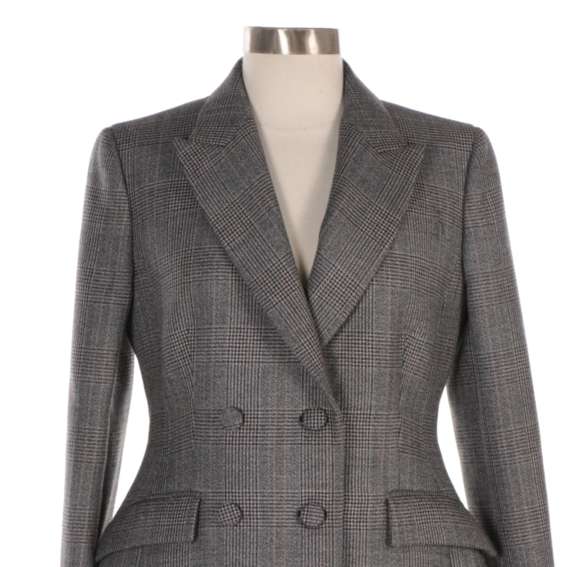 Prada Virgin Wool Double-Breasted Skirt Suit in Prince of Wales Plaid