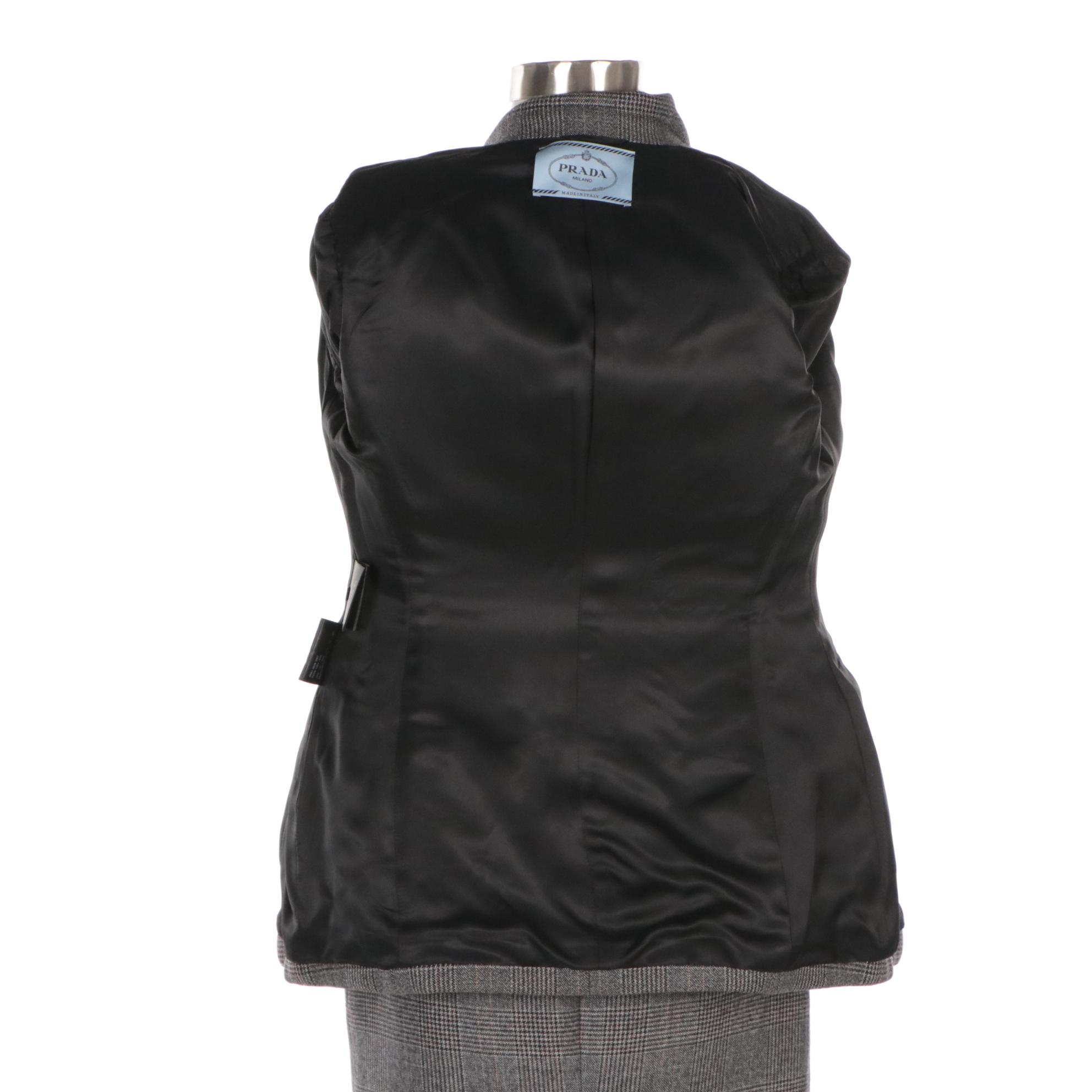 Prada Virgin Wool Double-Breasted Skirt Suit in Prince of Wales Plaid