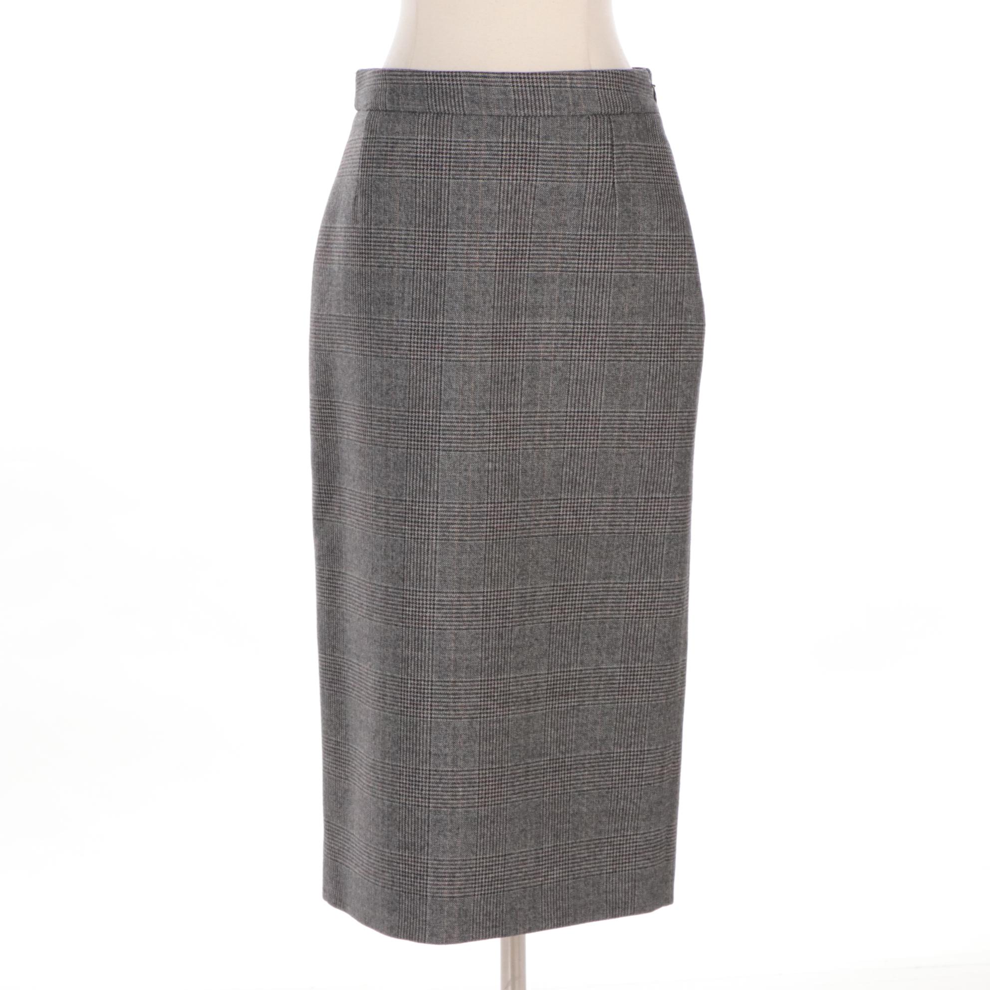 Prada Virgin Wool Double-Breasted Skirt Suit in Prince of Wales Plaid