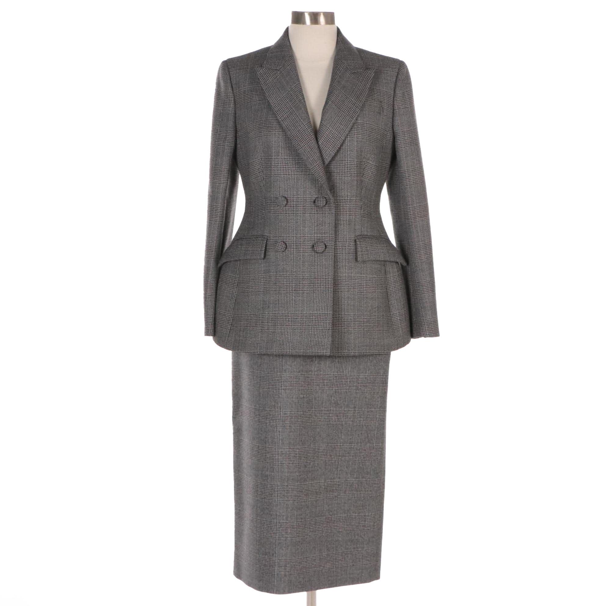 Prada Virgin Wool Double-Breasted Skirt Suit in Prince of Wales Plaid