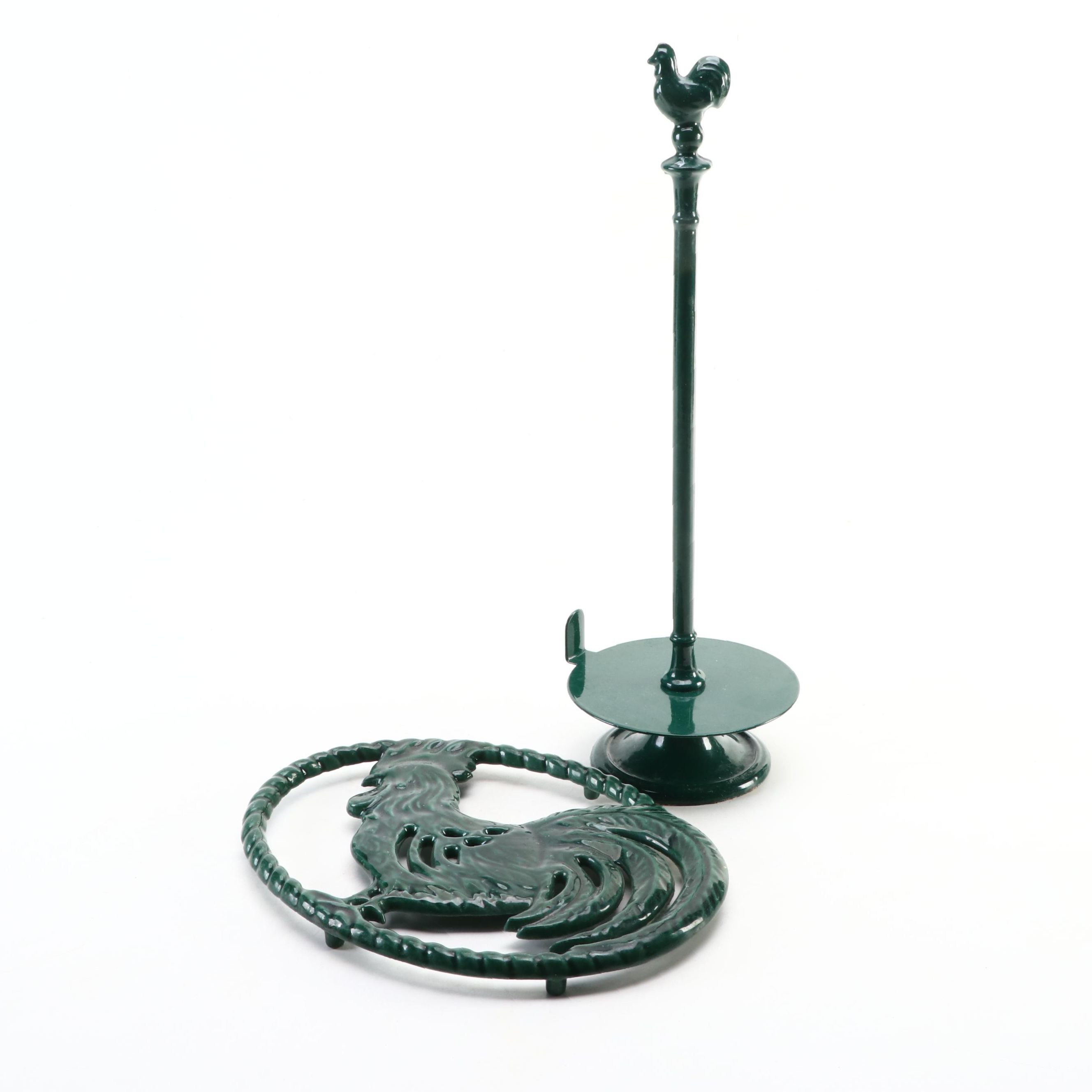 Invicta Cast Iron Rooster Paper Towel Holder with French Rooster Trivet