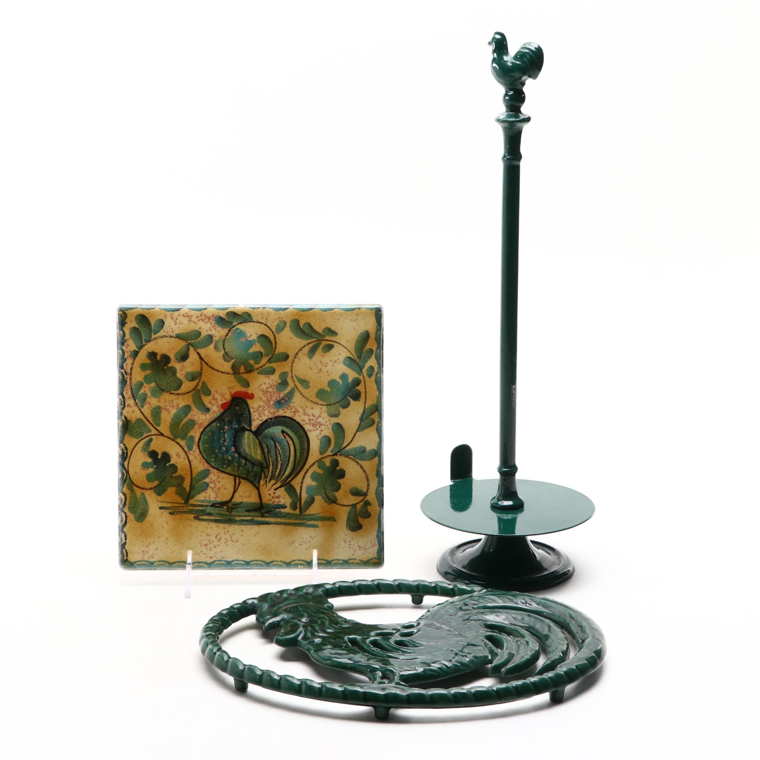 Invicta Cast Iron Rooster Paper Towel Holder with French Rooster Trivet