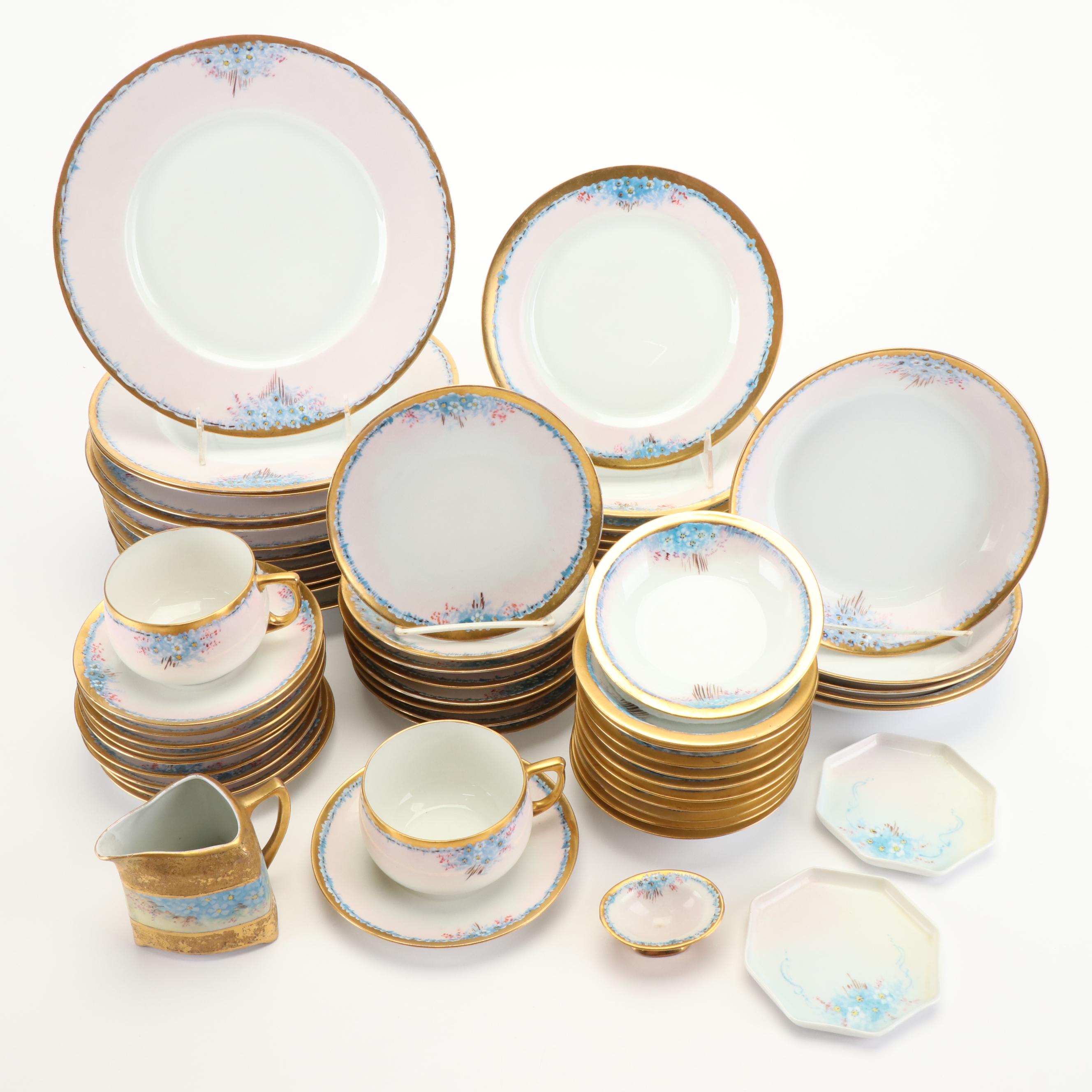 Bavarian Hand-Painted Blue Floral Gilt Porcelain Dinnerware, Early 20th C.