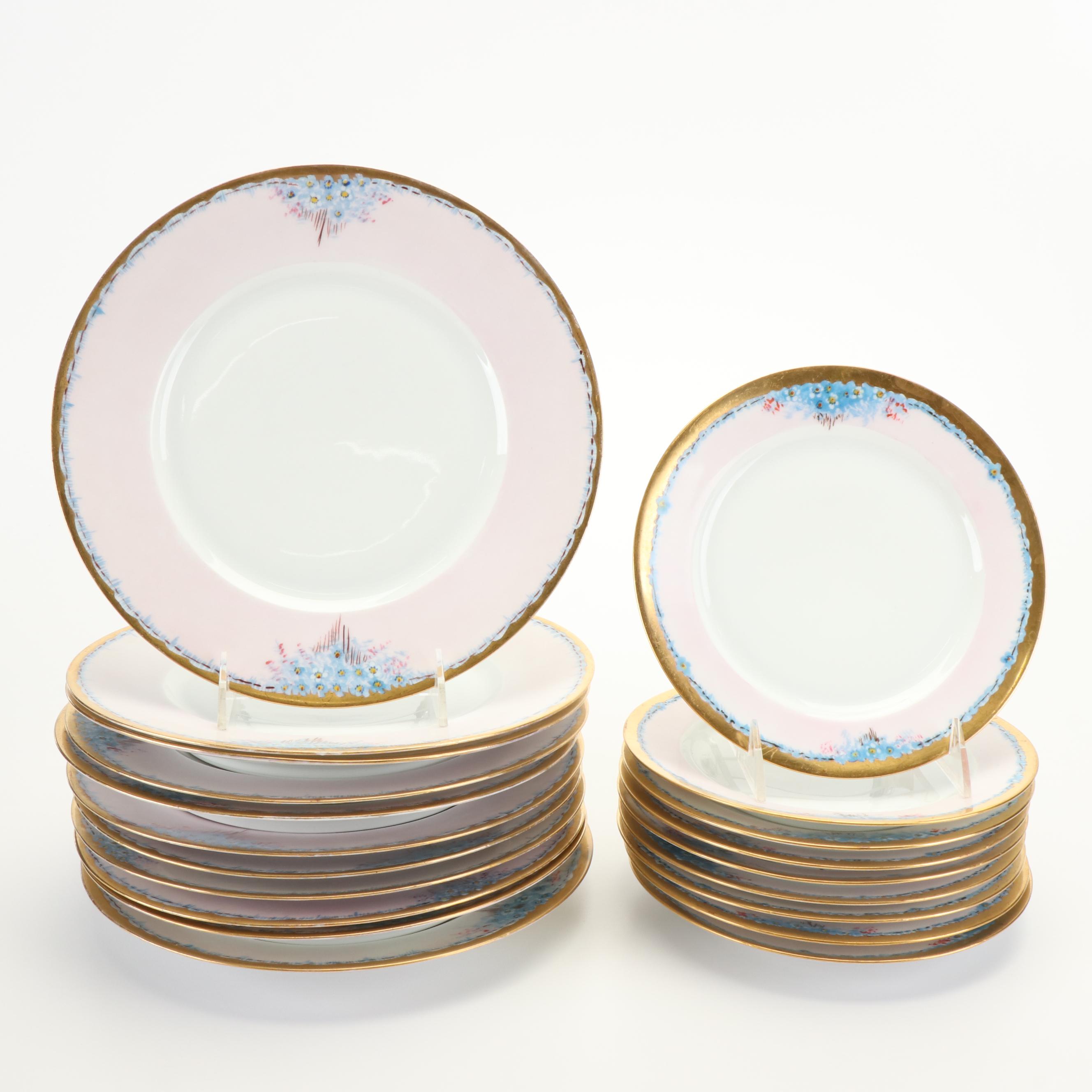 Bavarian Hand-Painted Blue Floral Gilt Porcelain Dinnerware, Early 20th C.