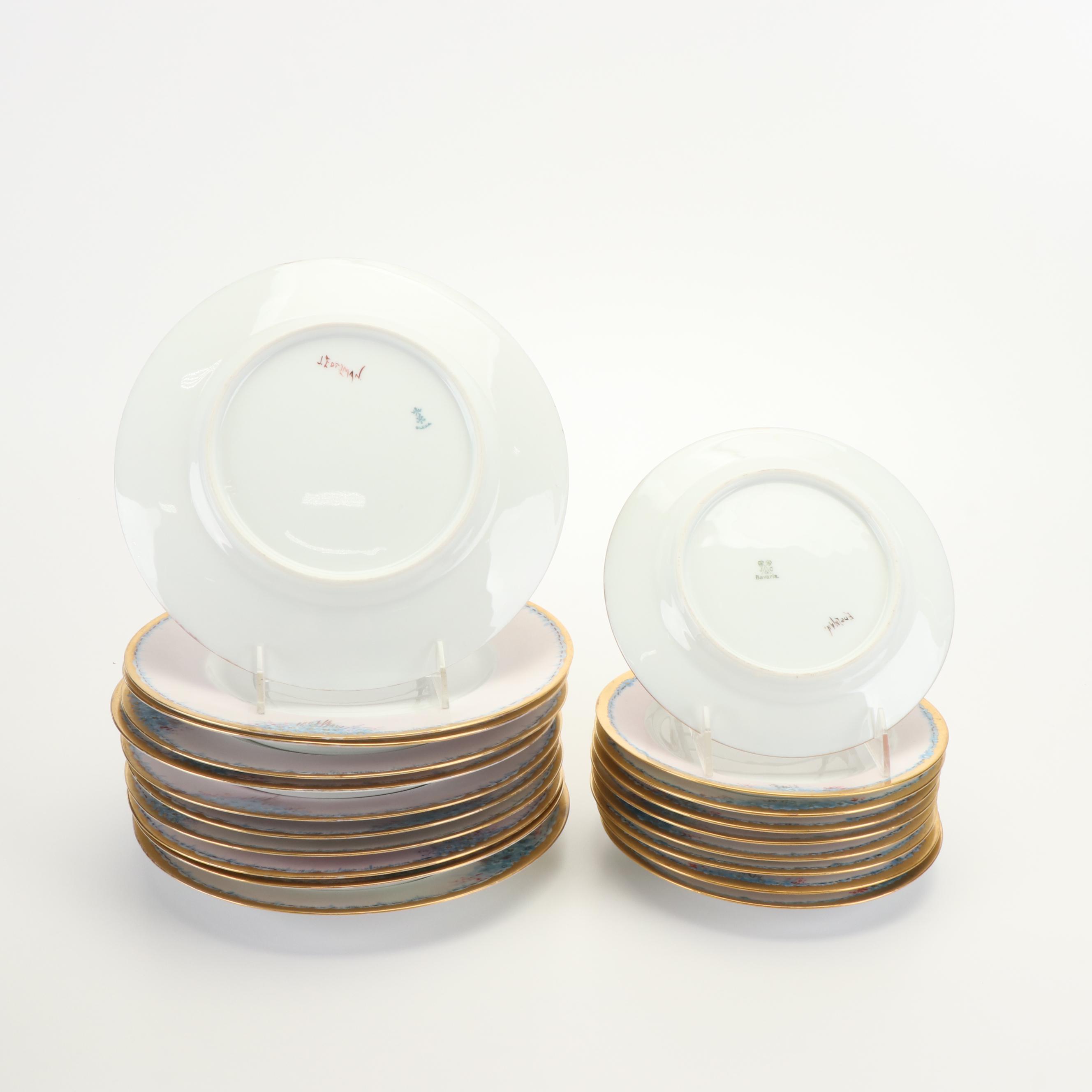 Bavarian Hand-Painted Blue Floral Gilt Porcelain Dinnerware, Early 20th C.