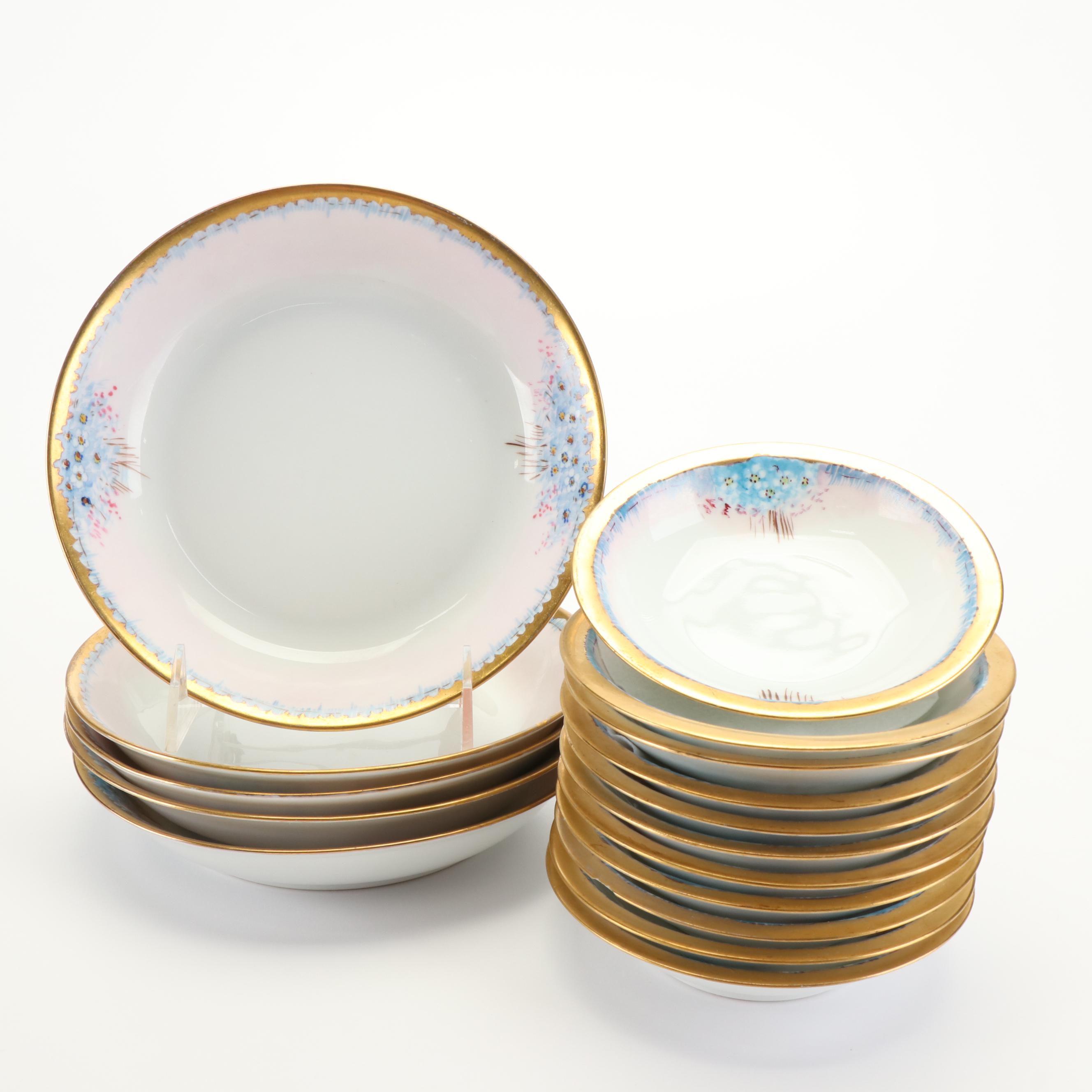 Bavarian Hand-Painted Blue Floral Gilt Porcelain Dinnerware, Early 20th C.