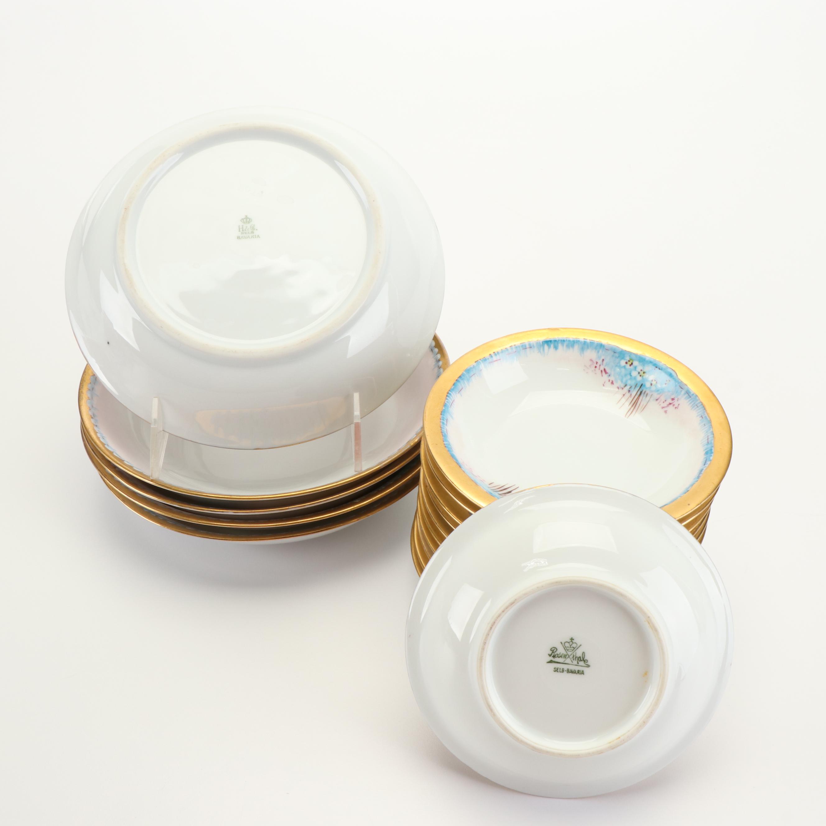 Bavarian Hand-Painted Blue Floral Gilt Porcelain Dinnerware, Early 20th C.