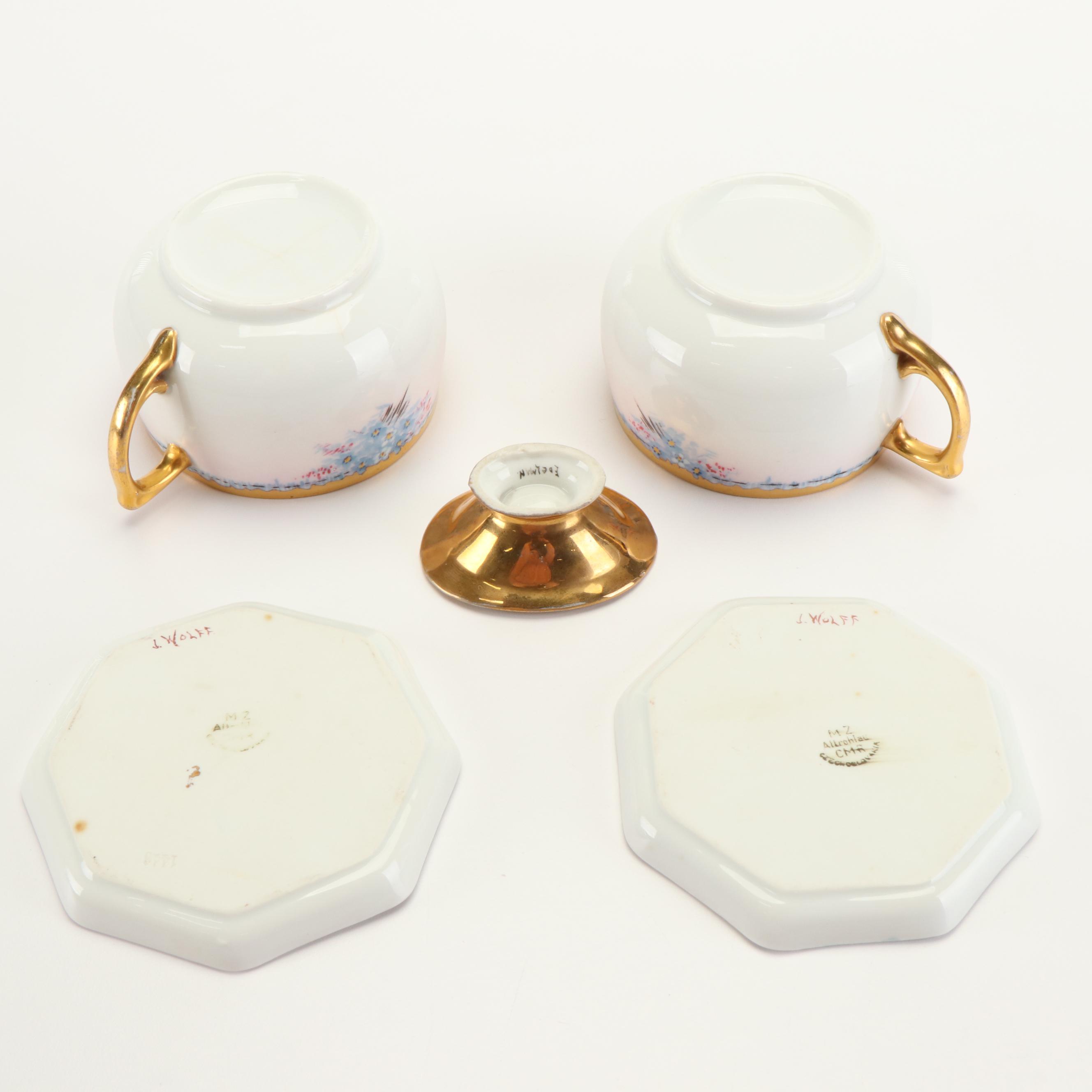 Bavarian Hand-Painted Blue Floral Gilt Porcelain Dinnerware, Early 20th C.