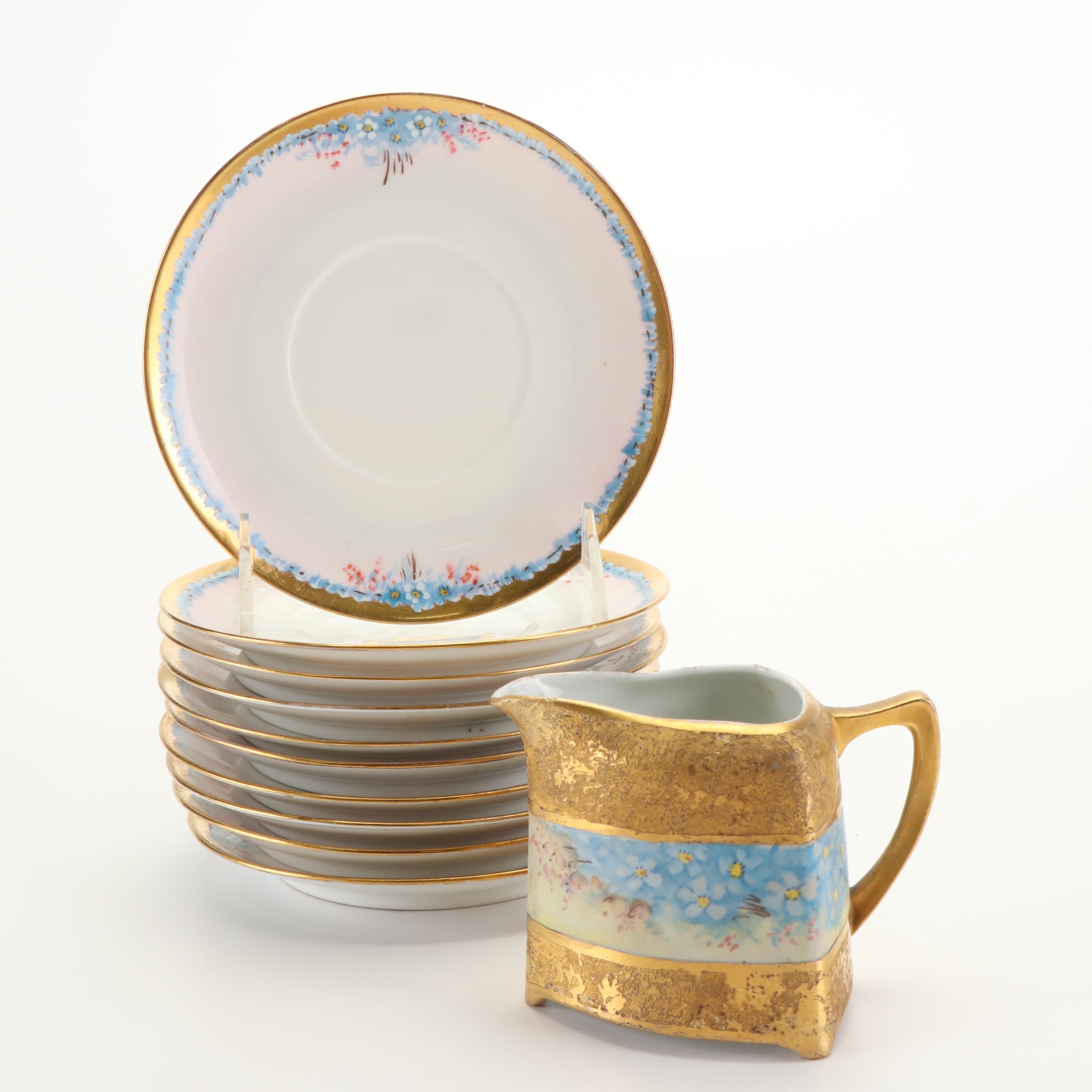 Bavarian Hand-Painted Blue Floral Gilt Porcelain Dinnerware, Early 20th C.