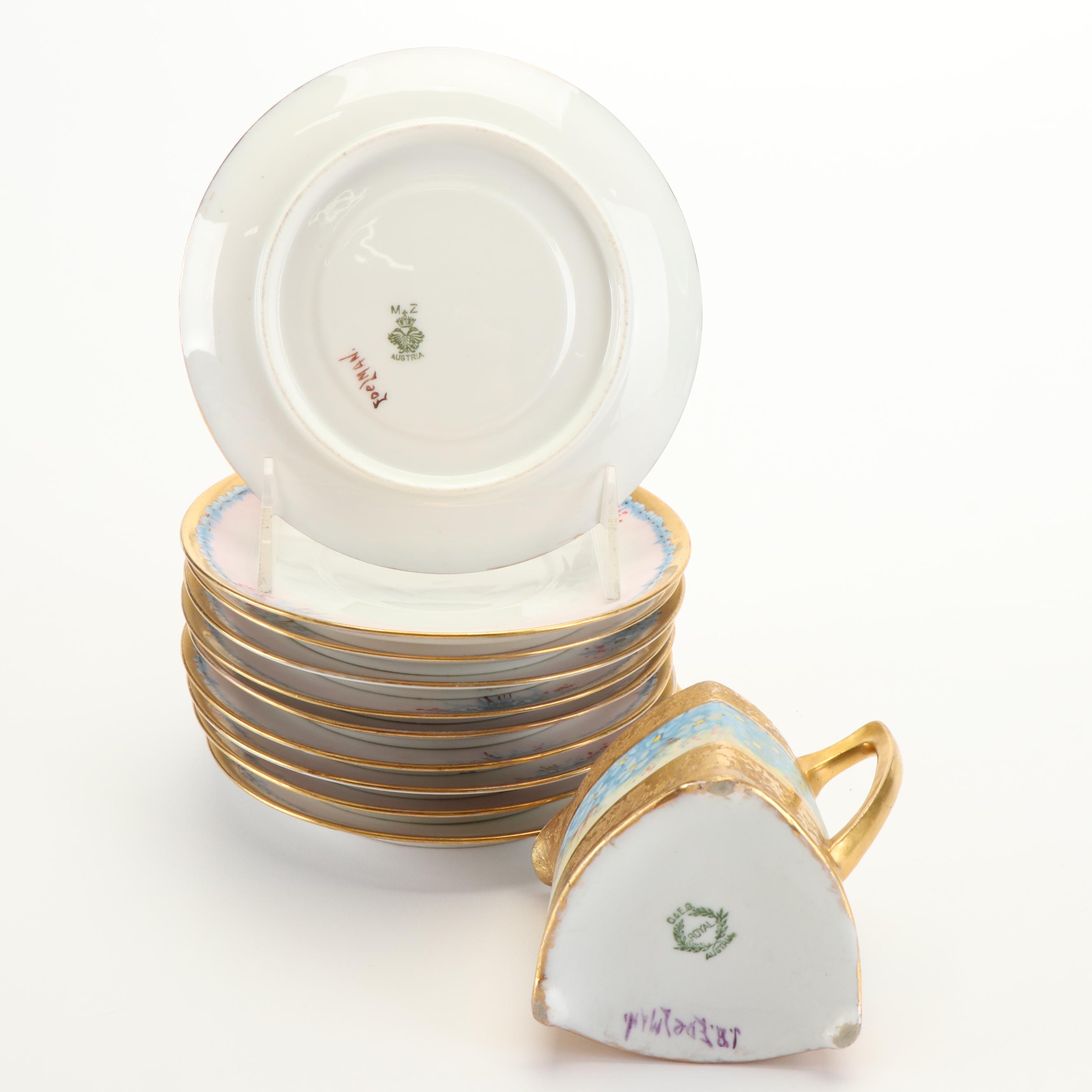 Bavarian Hand-Painted Blue Floral Gilt Porcelain Dinnerware, Early 20th C.