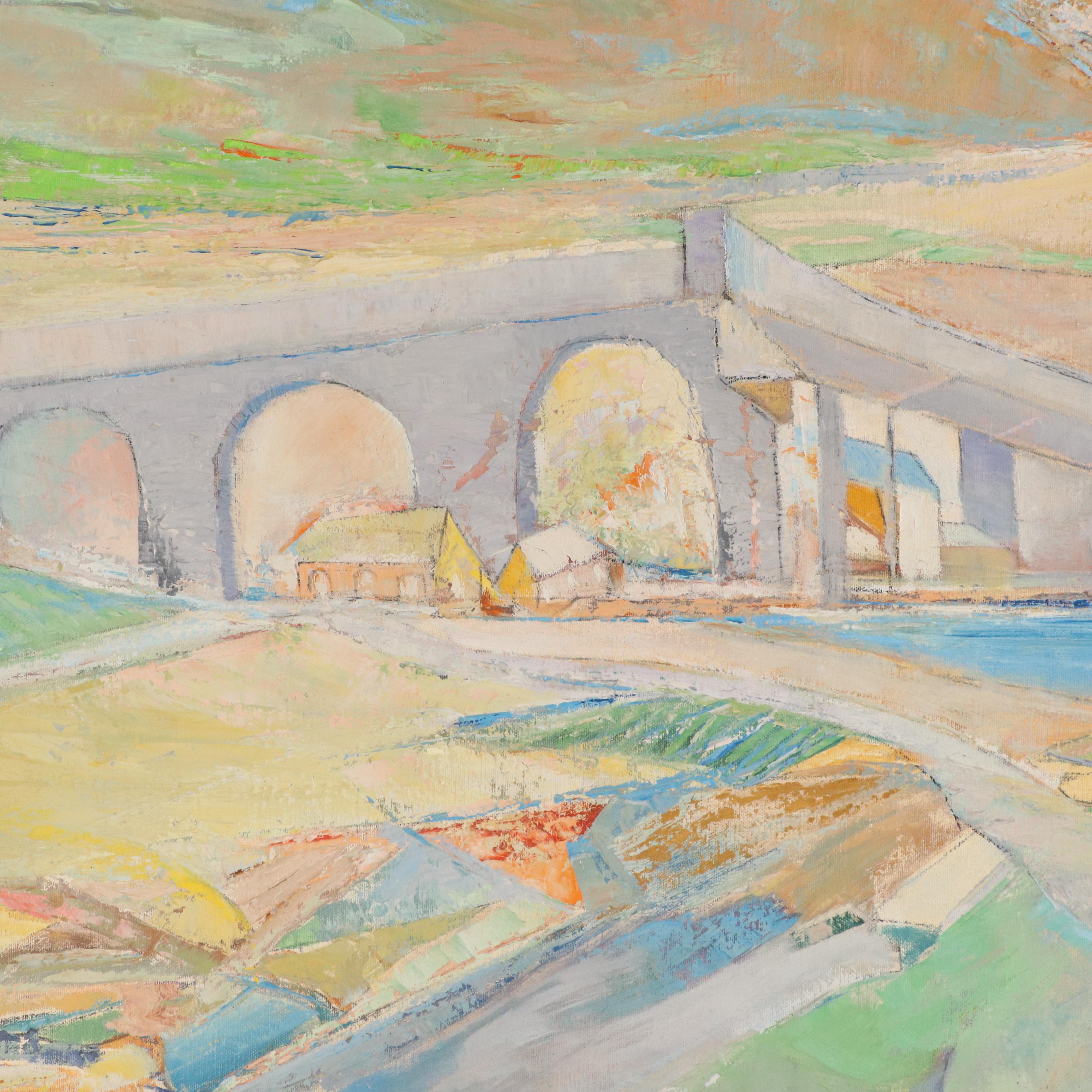 Impressionist Style Oil Painting of Aqueduct Bridge, Mid-20th Century