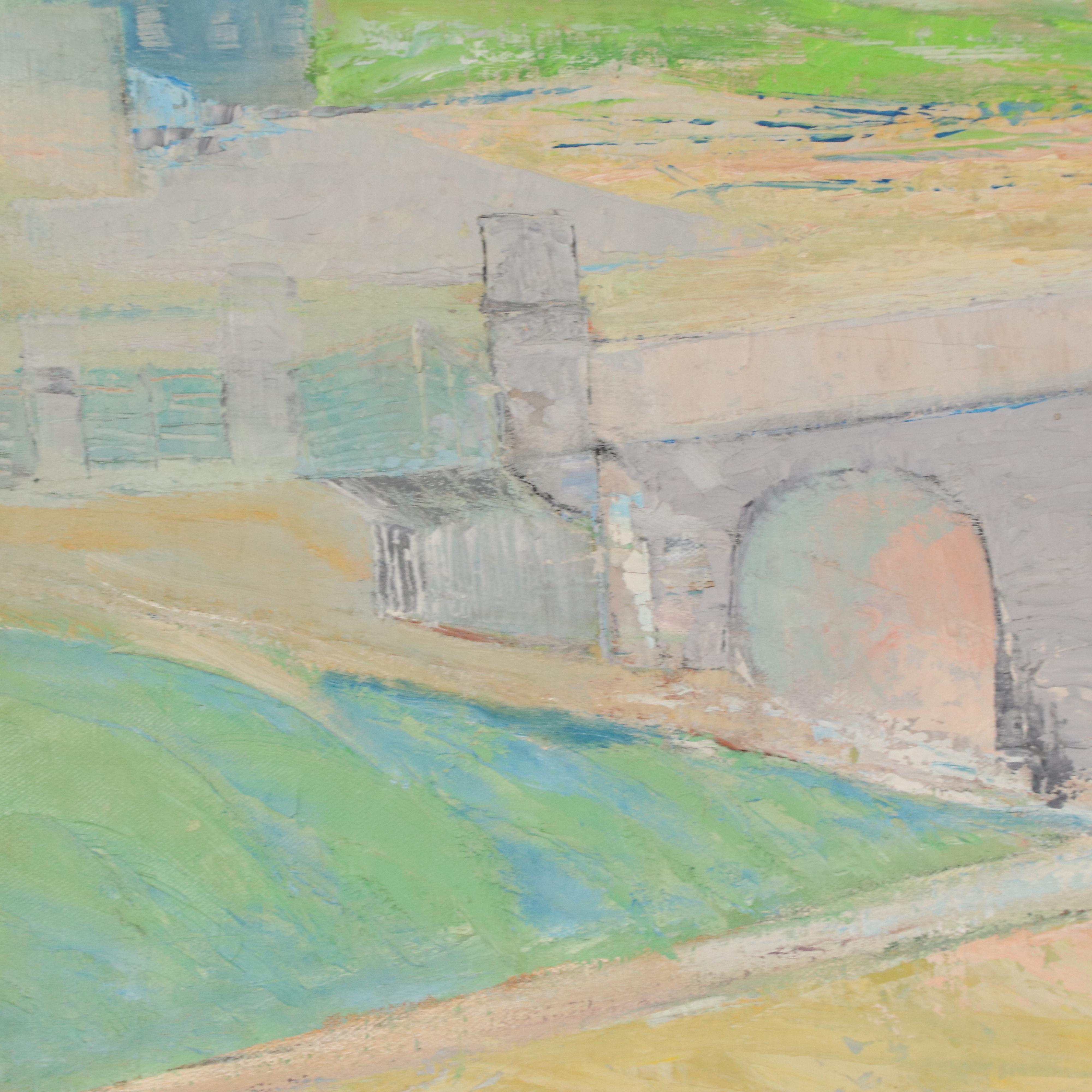 Impressionist Style Oil Painting of Aqueduct Bridge, Mid-20th Century