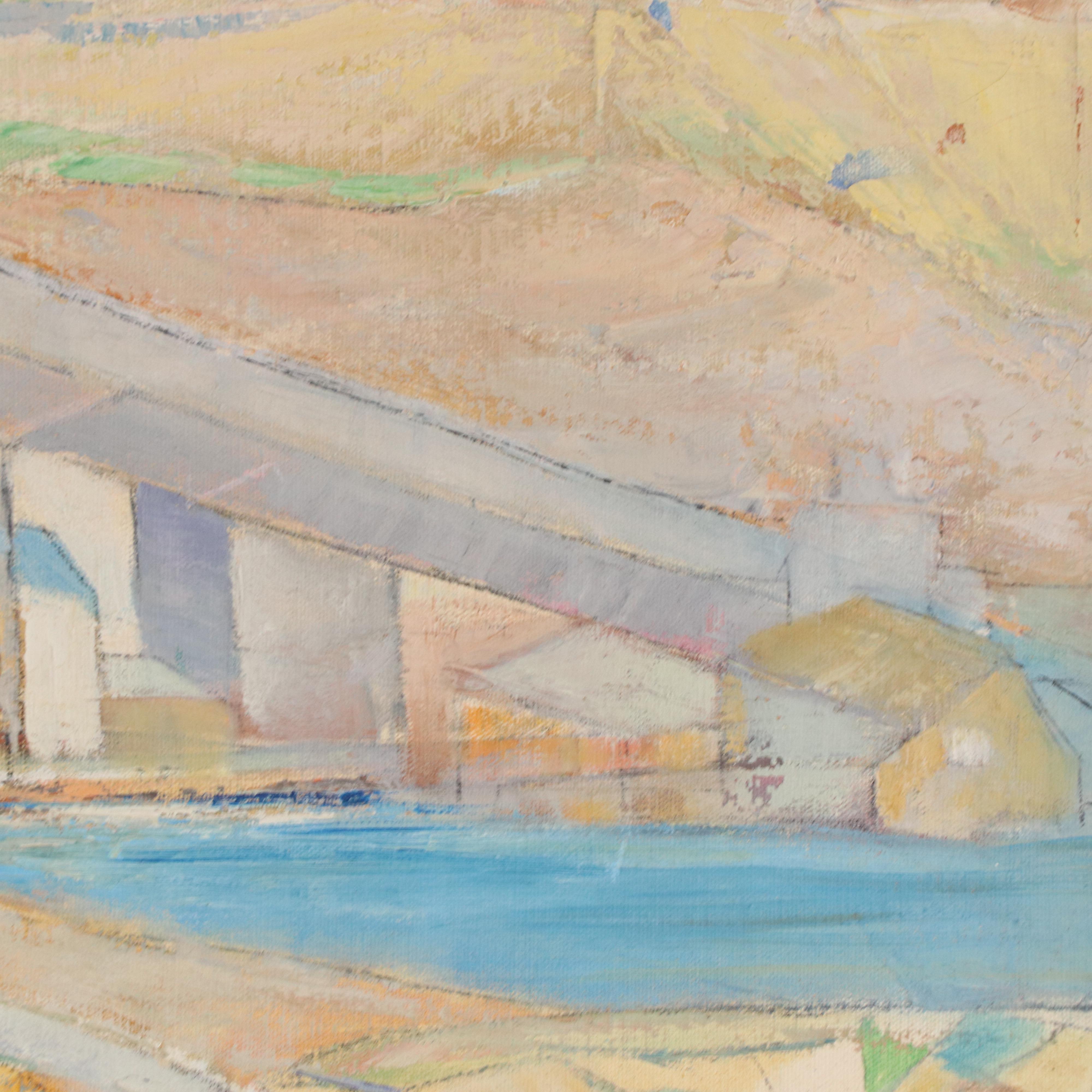 Impressionist Style Oil Painting of Aqueduct Bridge, Mid-20th Century