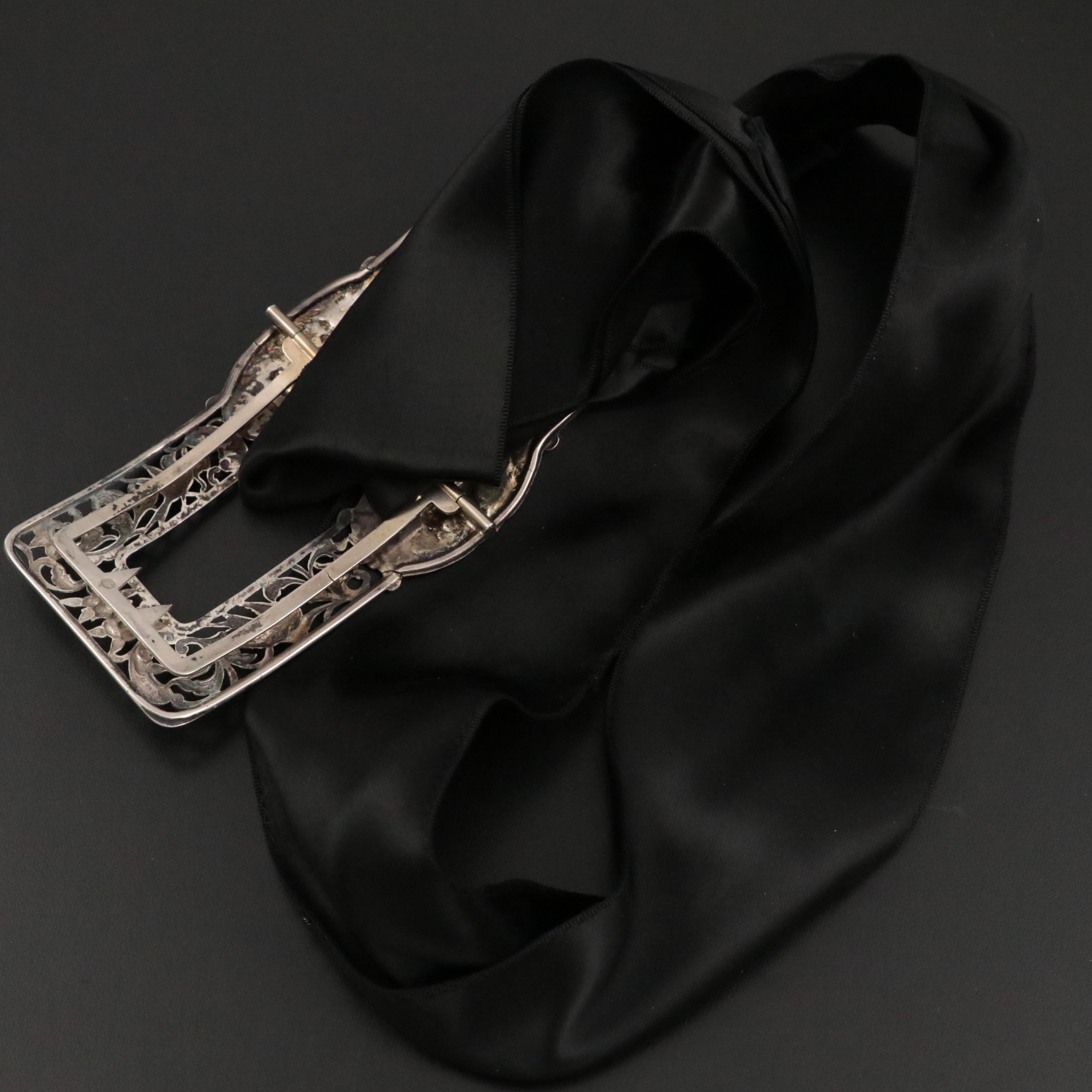 Dutch Filigree 833 Silver Oversized Belt Buckle with Sash, Early 20th Century