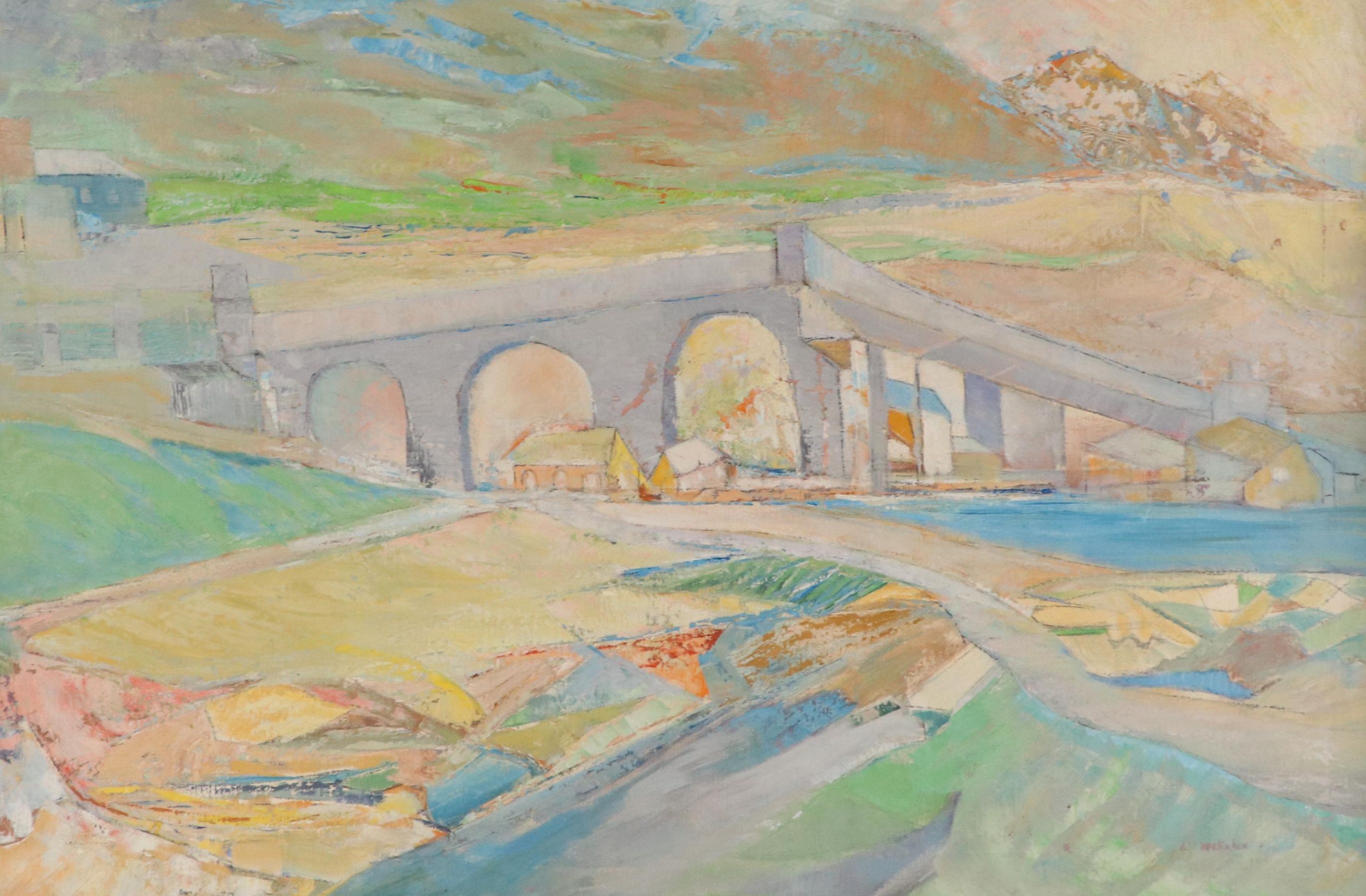 Impressionist Style Oil Painting of Aqueduct Bridge, Mid-20th Century
