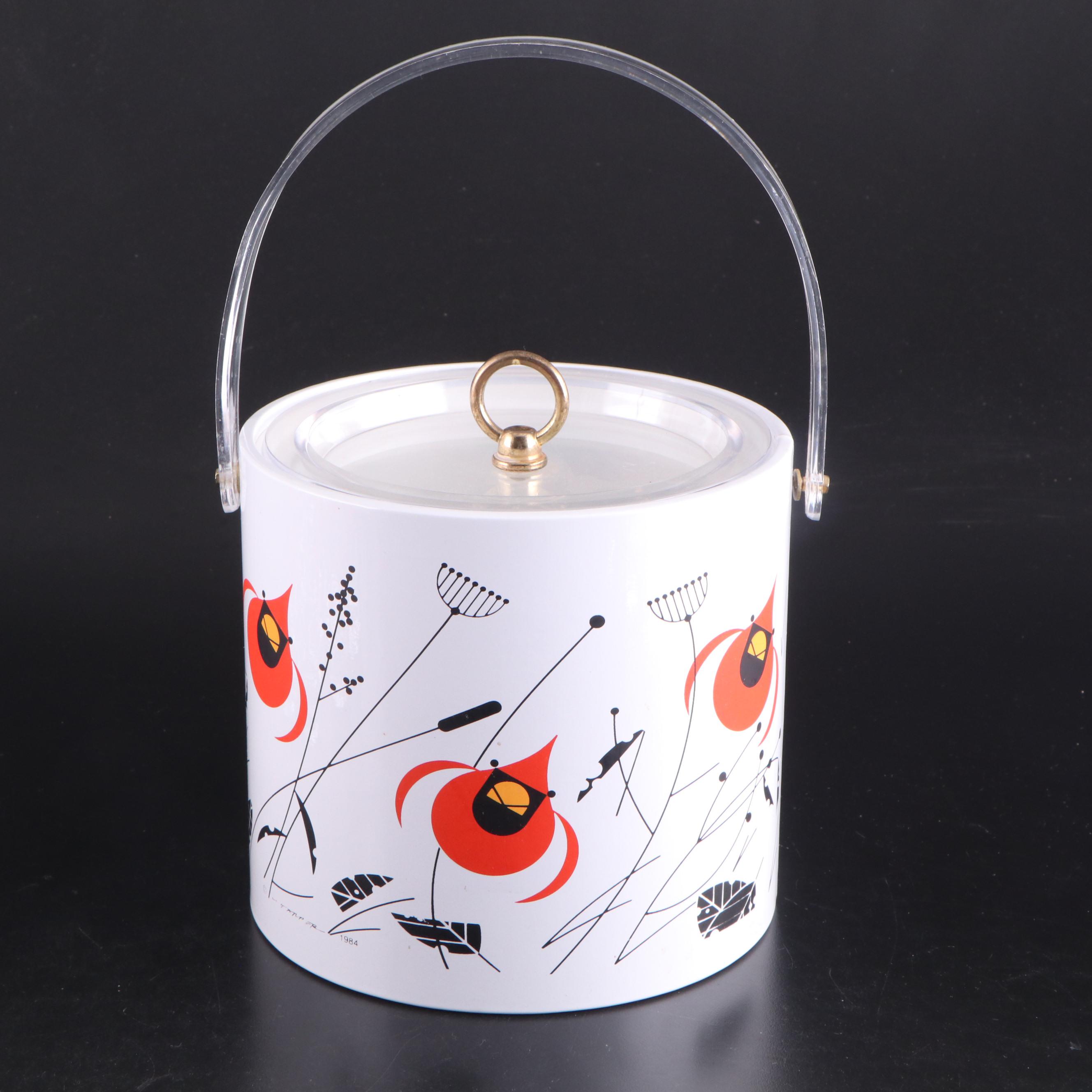Charley Harper Cardinal Print Ice Bucket and Glass Tumblers, Late 20th Century