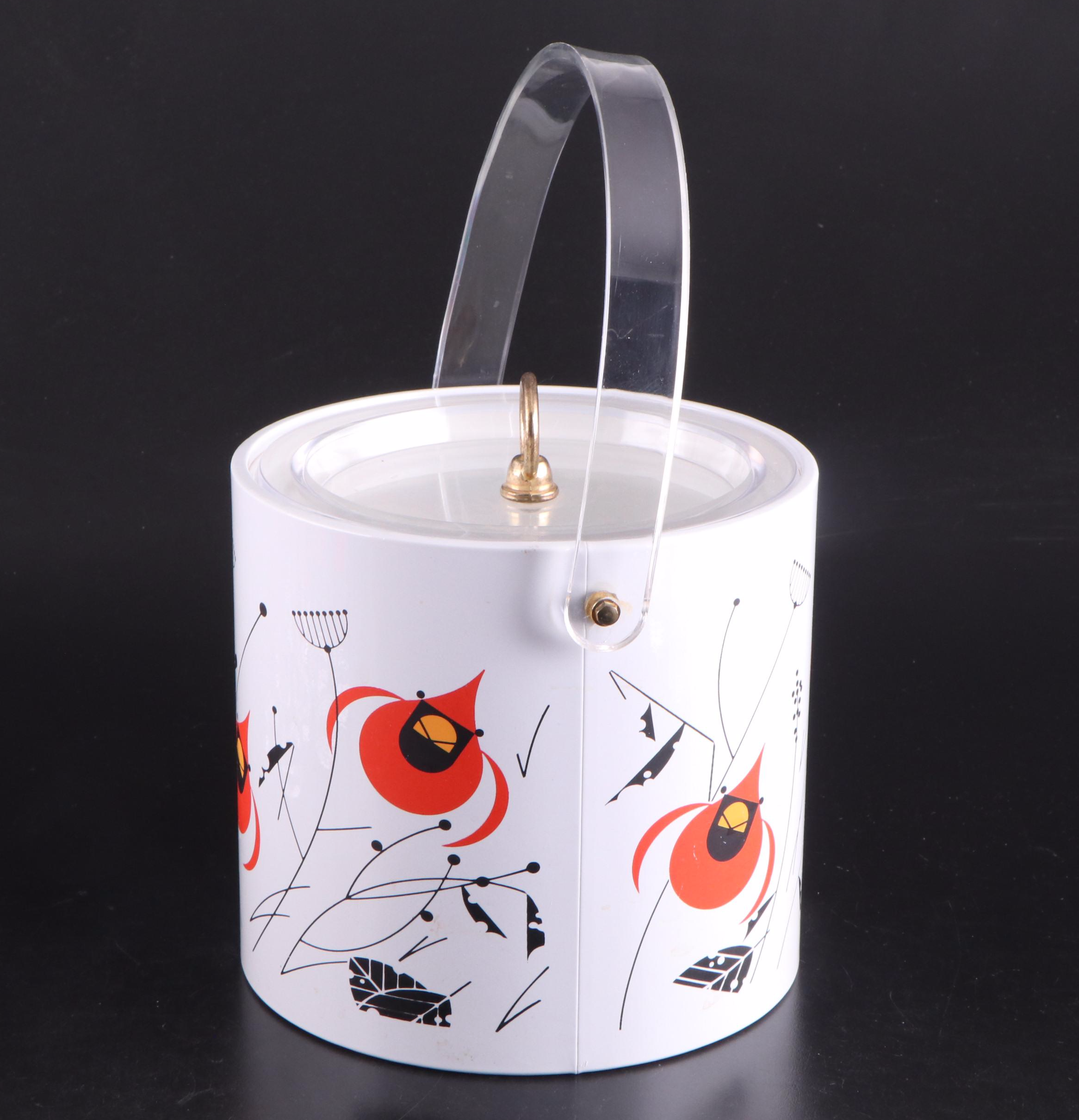 Charley Harper Cardinal Print Ice Bucket and Glass Tumblers, Late 20th Century