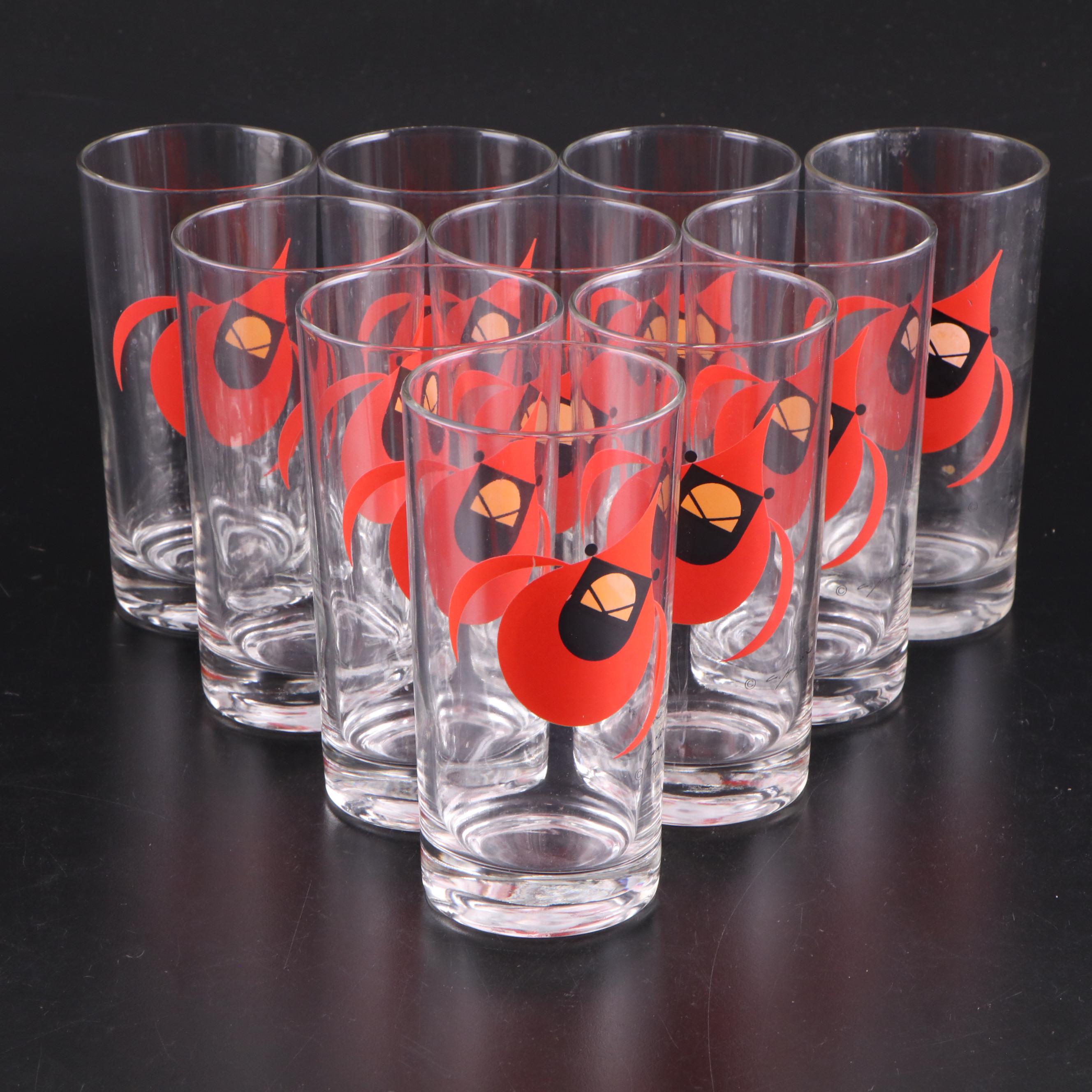 Charley Harper Cardinal Print Ice Bucket and Glass Tumblers, Late 20th Century