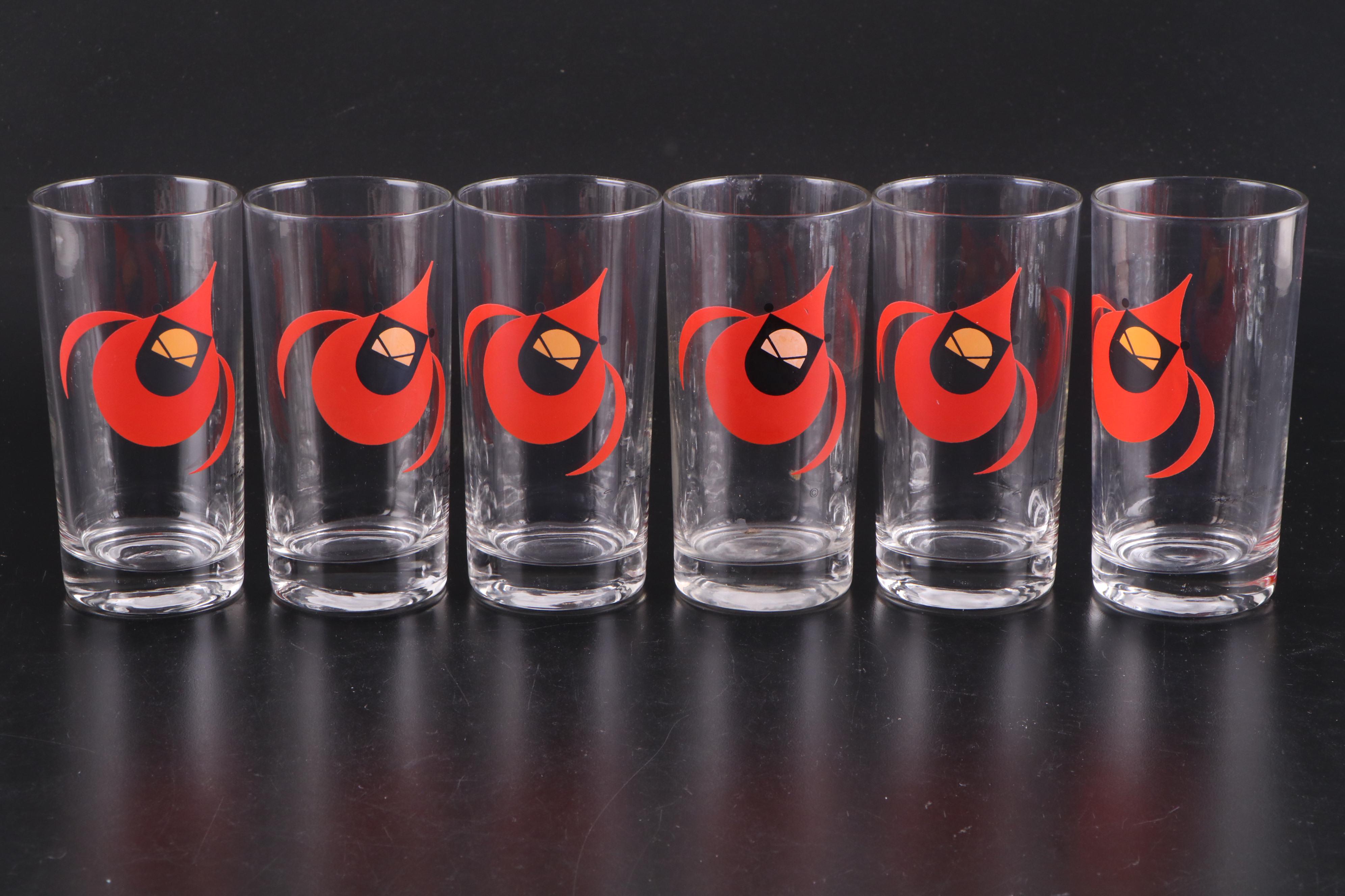 Charley Harper Cardinal Print Ice Bucket and Glass Tumblers, Late 20th Century