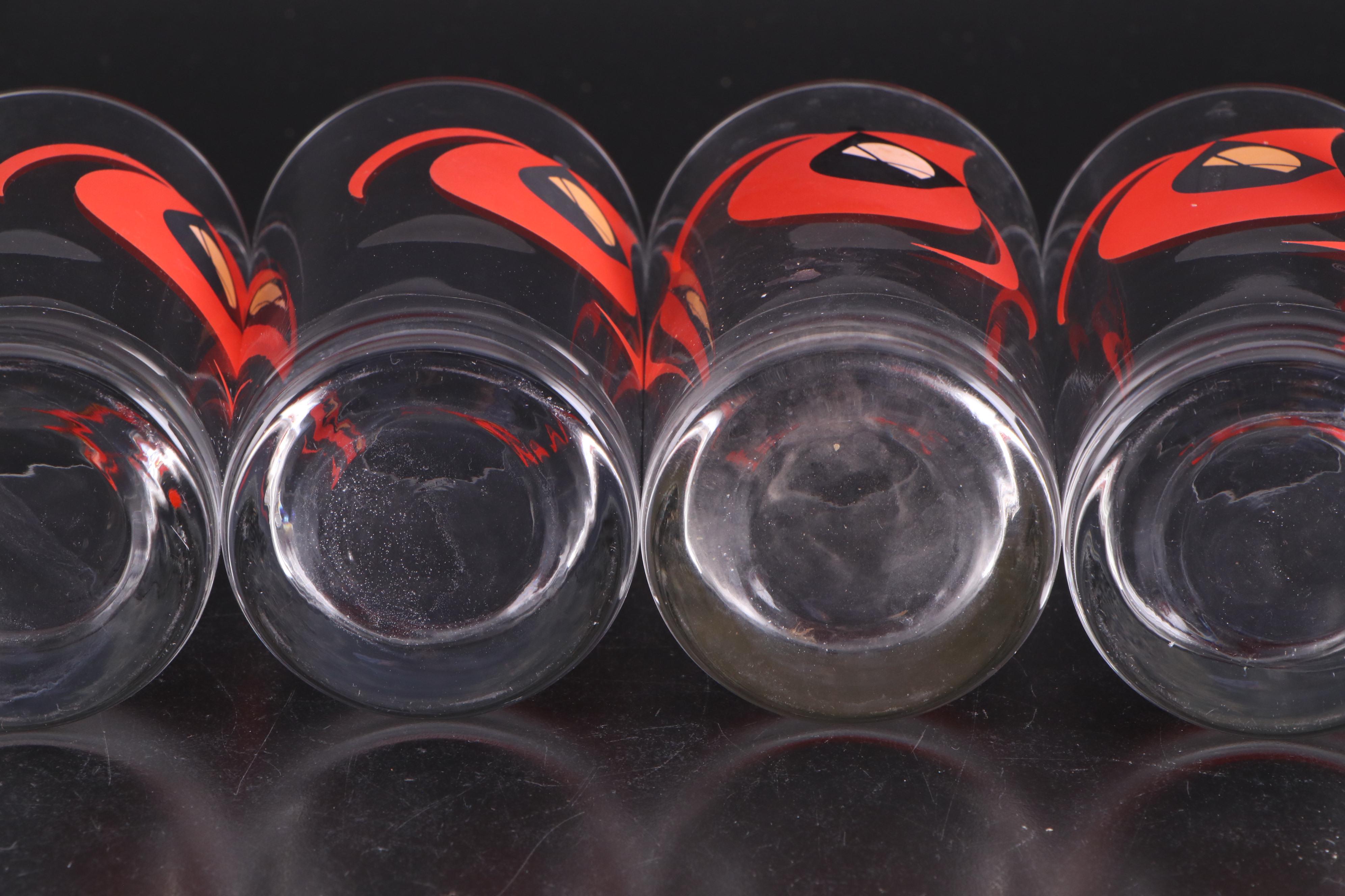 Charley Harper Cardinal Print Ice Bucket and Glass Tumblers, Late 20th Century