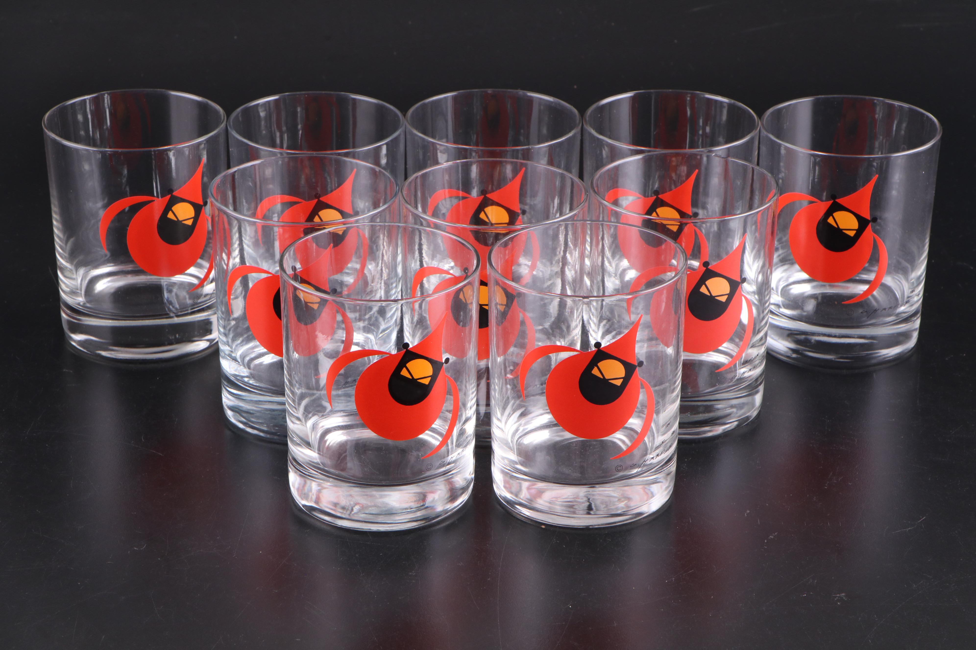 Charley Harper Cardinal Print Ice Bucket and Glass Tumblers, Late 20th Century