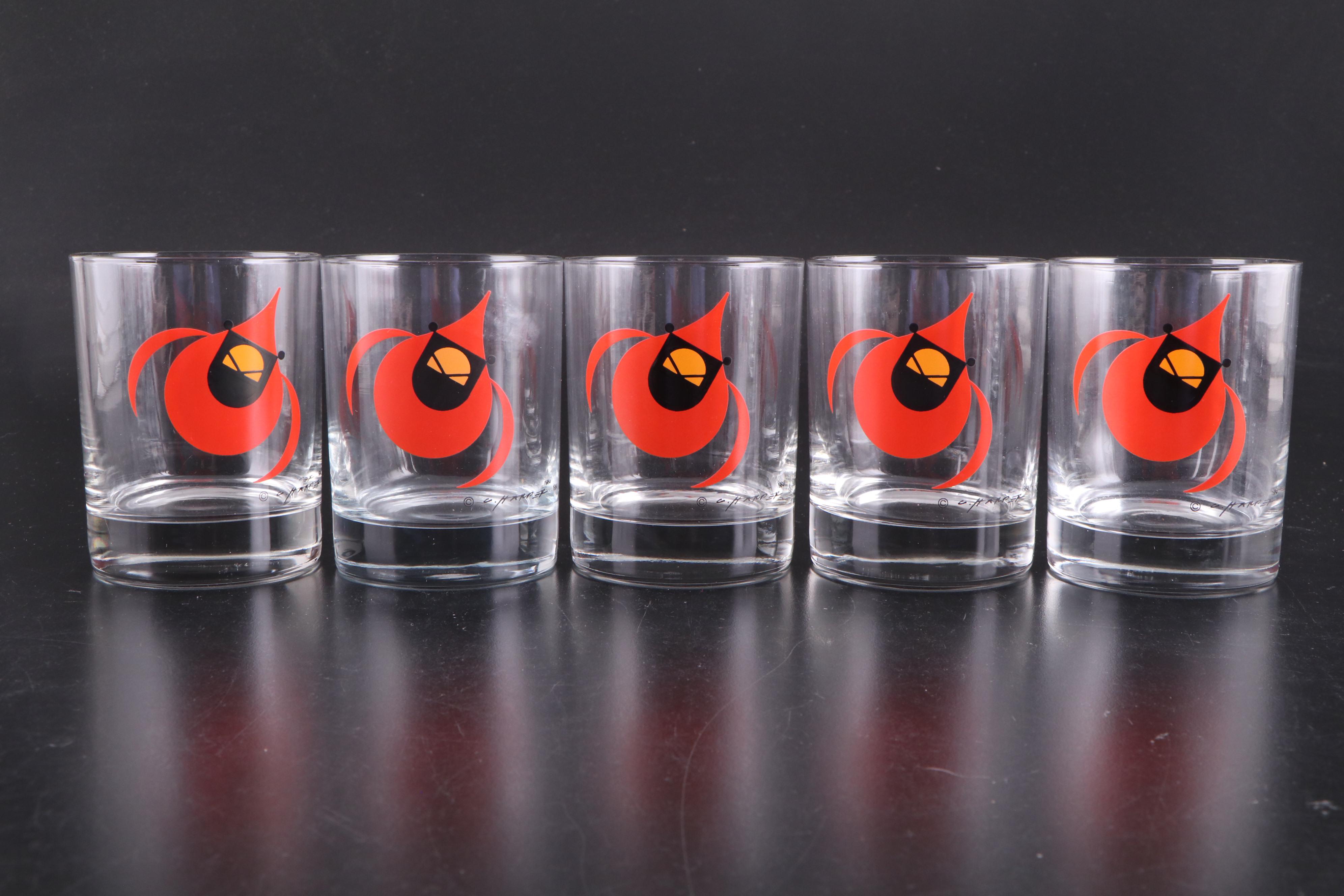 Charley Harper Cardinal Print Ice Bucket and Glass Tumblers, Late 20th Century