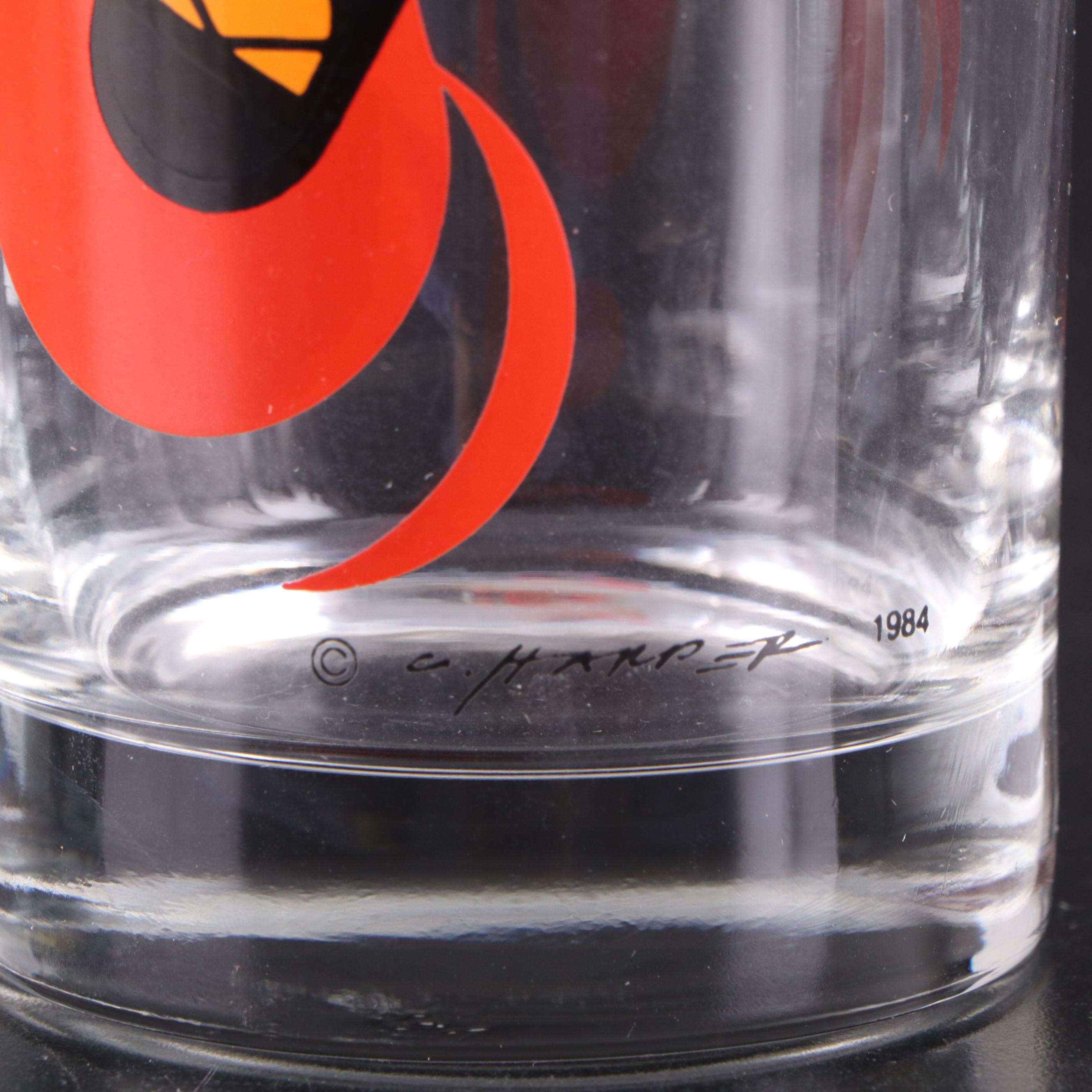 Charley Harper Cardinal Print Ice Bucket and Glass Tumblers, Late 20th Century