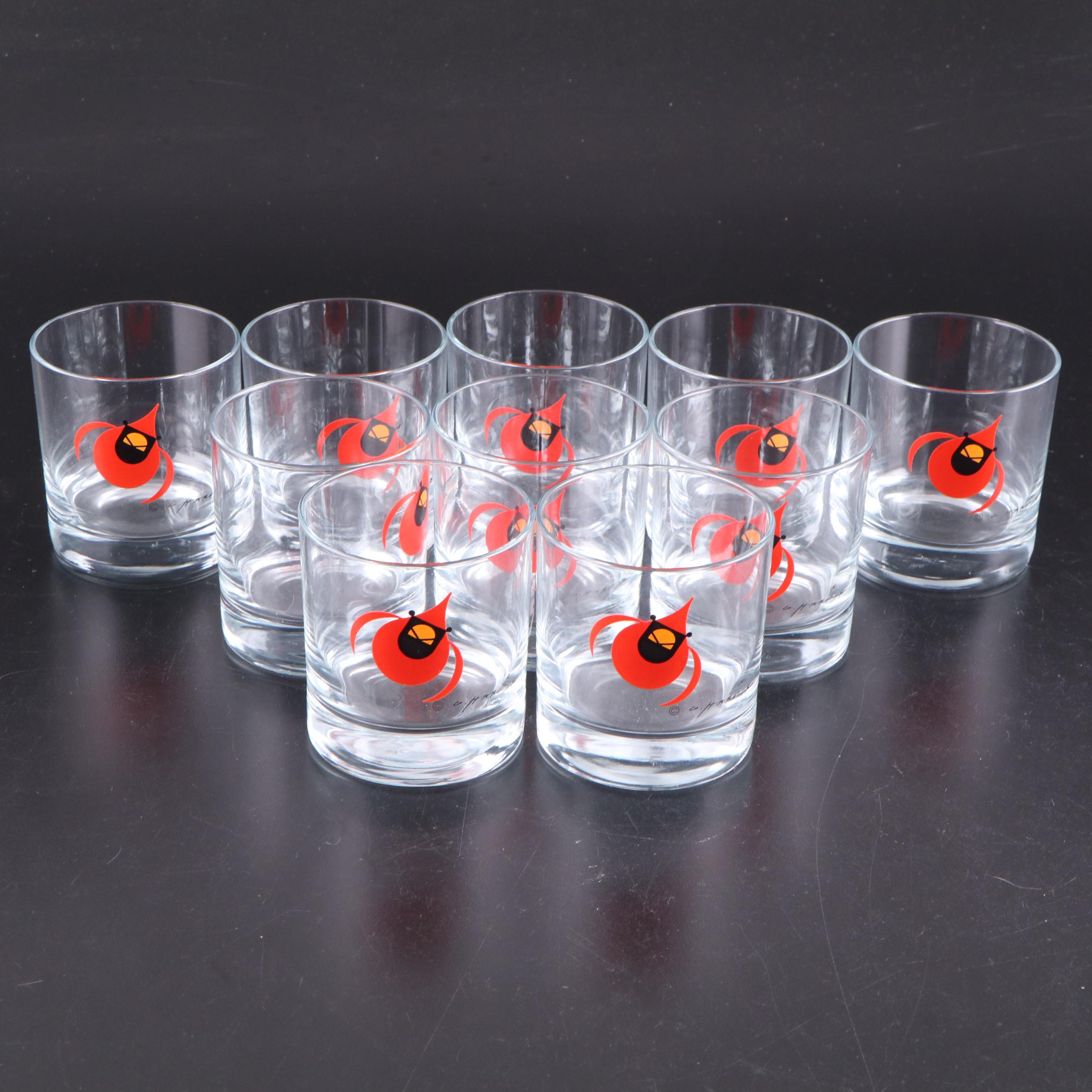 Charley Harper Cardinal Print Ice Bucket and Glass Tumblers, Late 20th Century