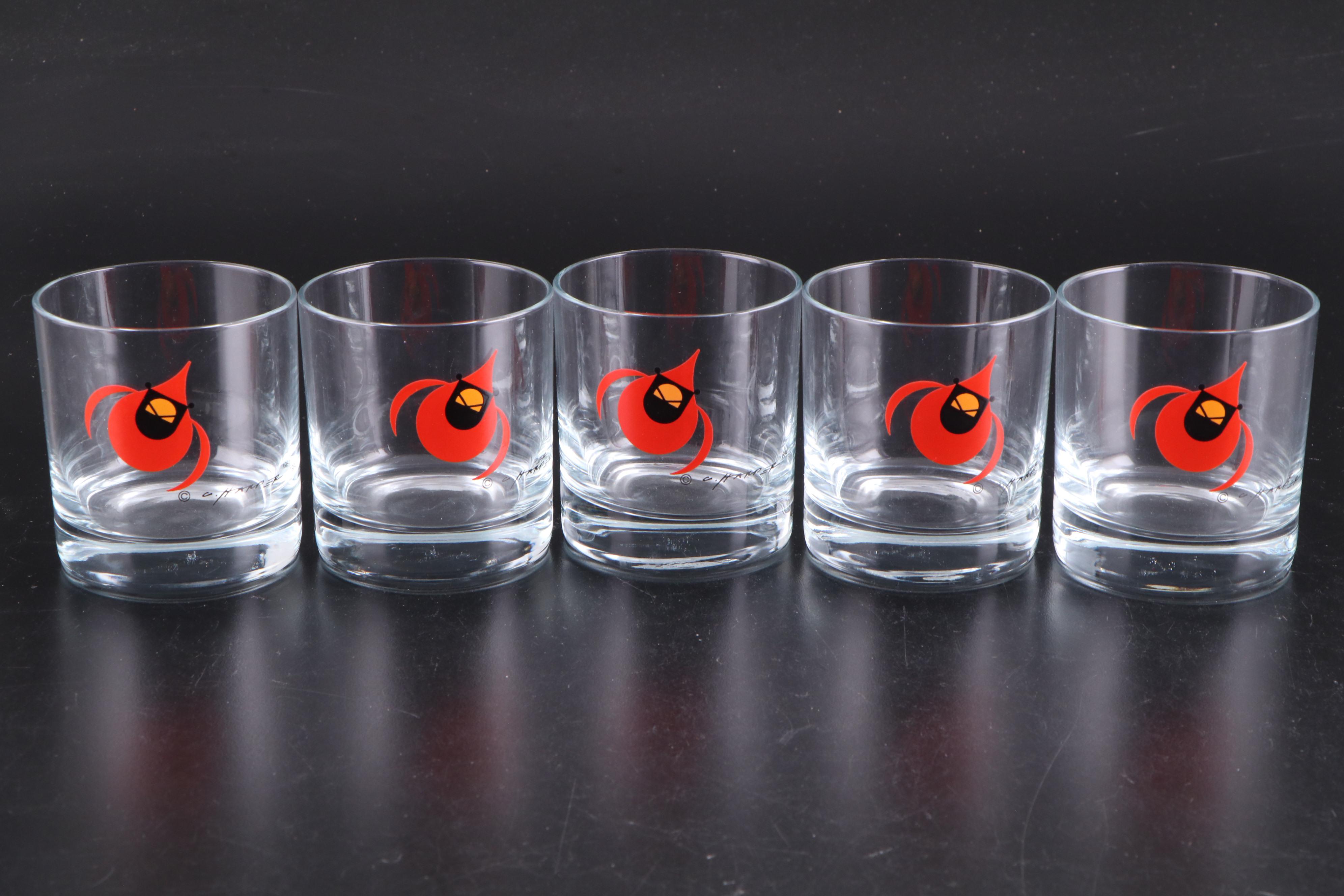 Charley Harper Cardinal Print Ice Bucket and Glass Tumblers, Late 20th Century