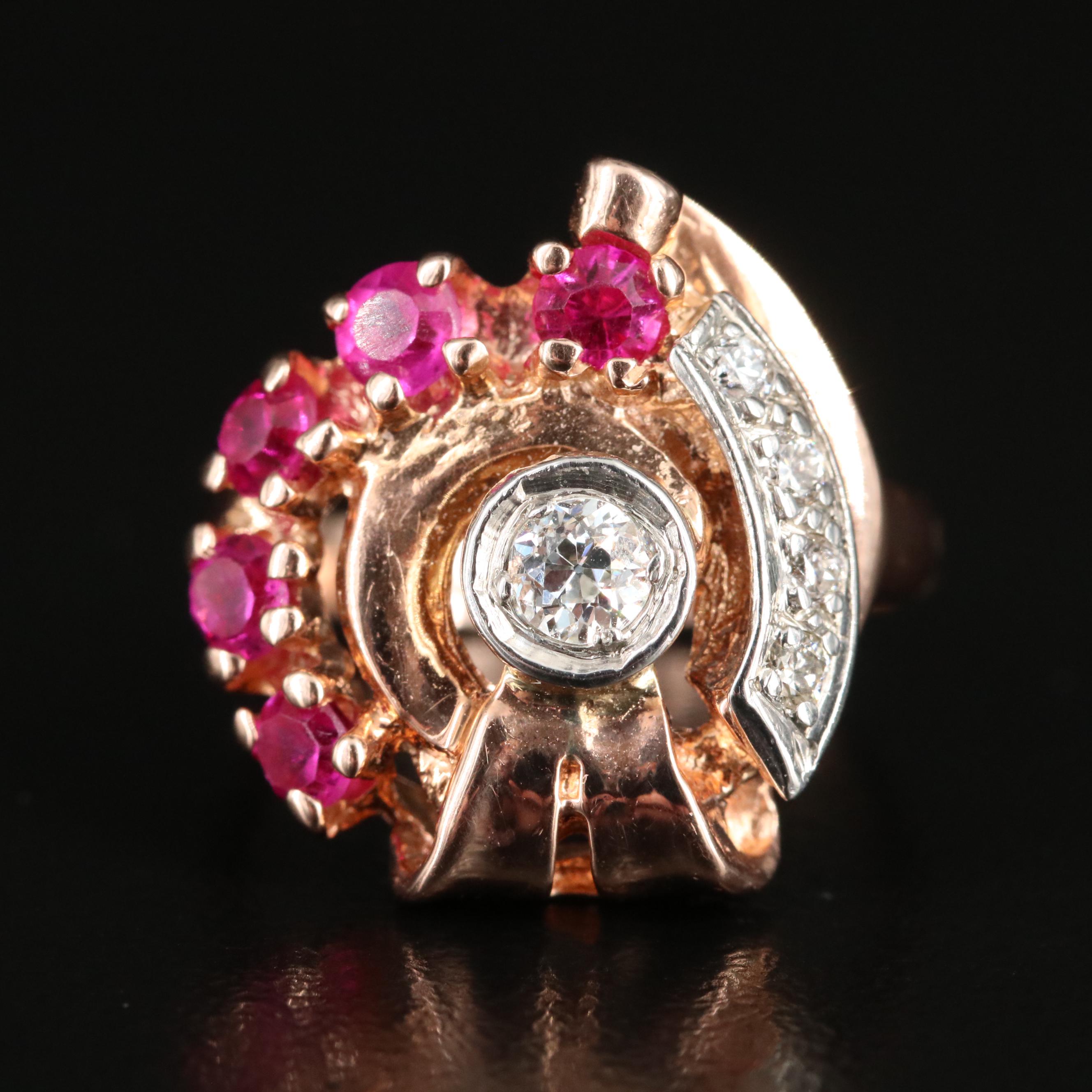 Retro 14K Rose Gold Diamond and Ruby Ring with Palladium Accent