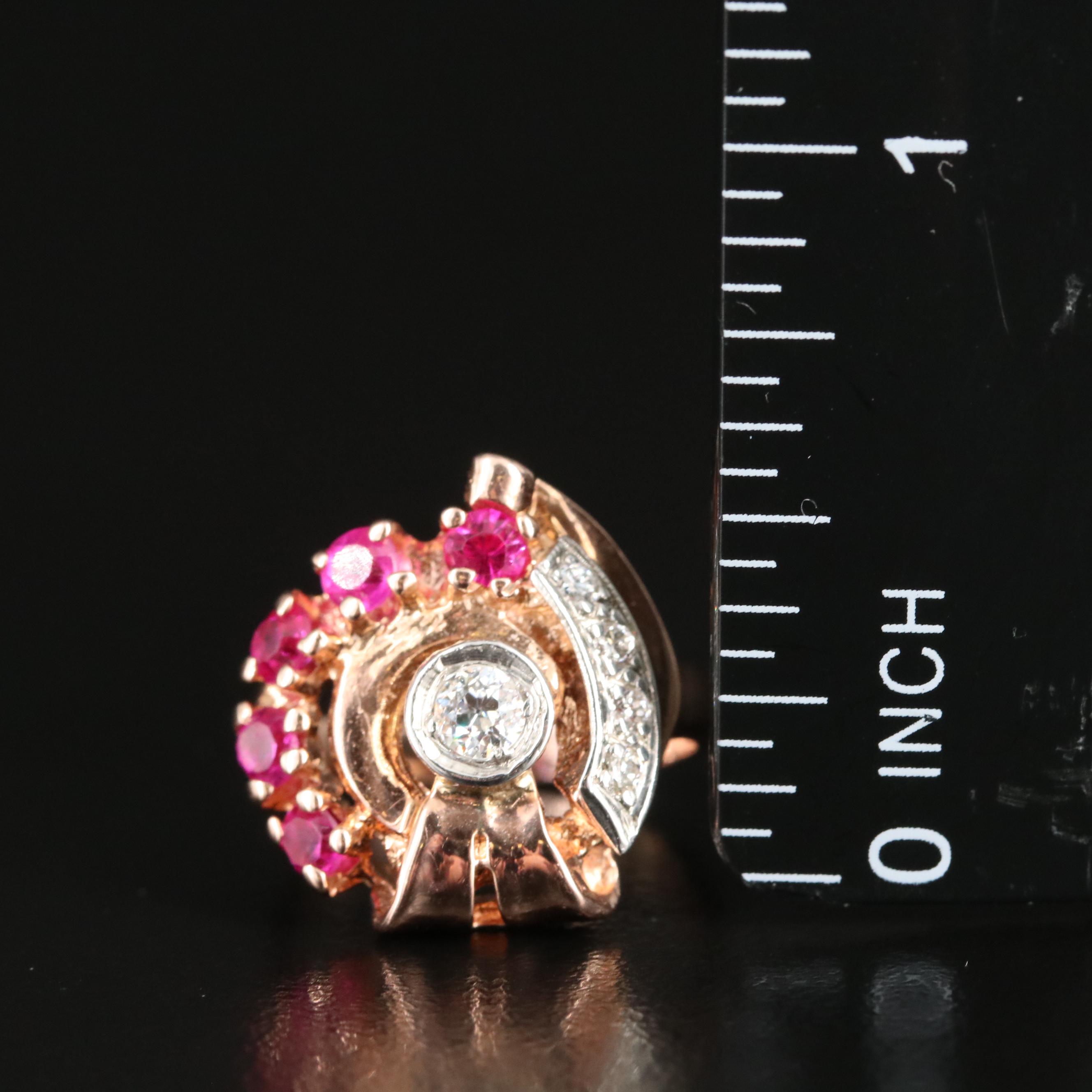 Retro 14K Rose Gold Diamond and Ruby Ring with Palladium Accent