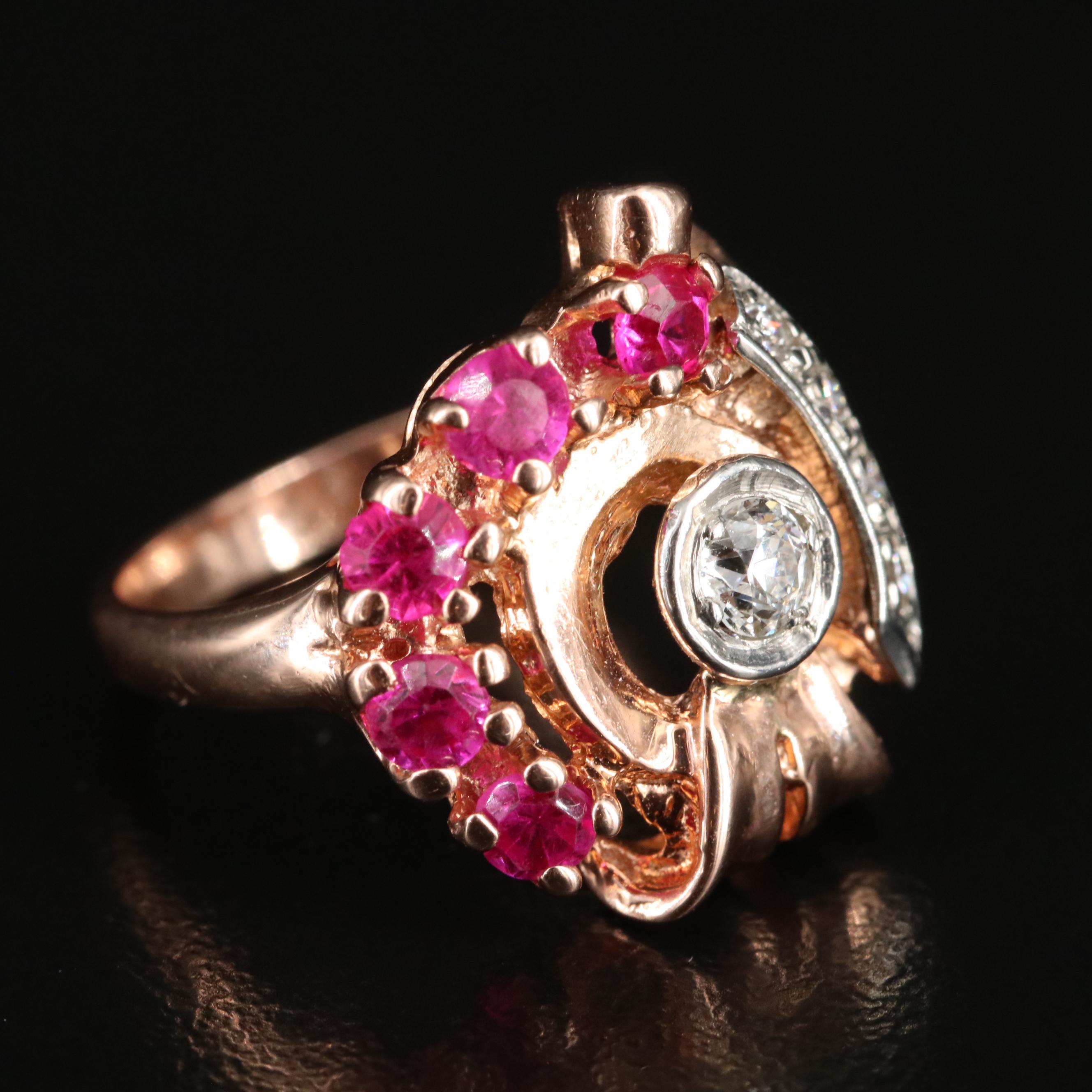 Retro 14K Rose Gold Diamond and Ruby Ring with Palladium Accent